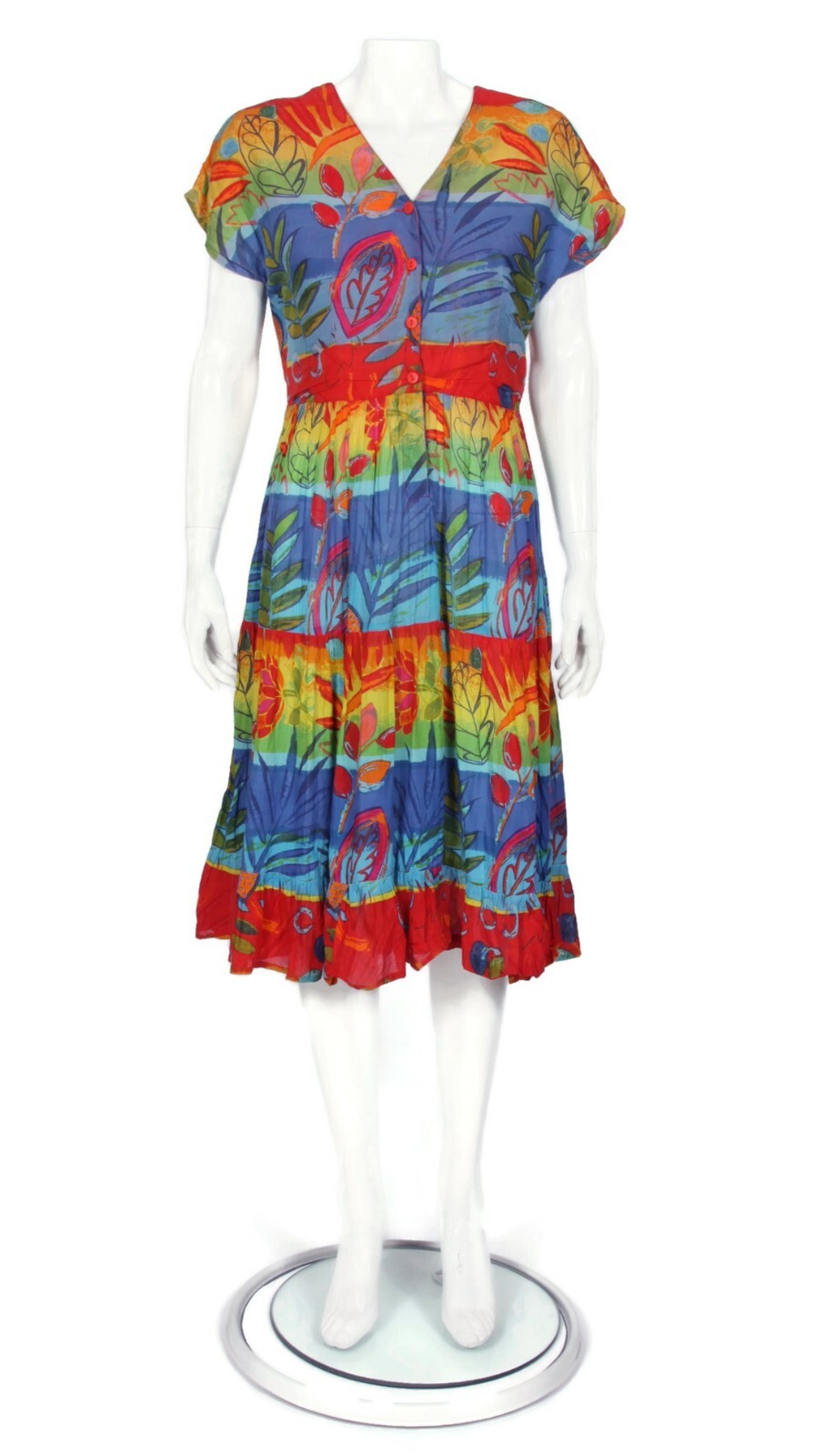 Vintage PHOOL Rainbow Floral Leaf Short Sleeve Cotton Tiered Dress size S /214