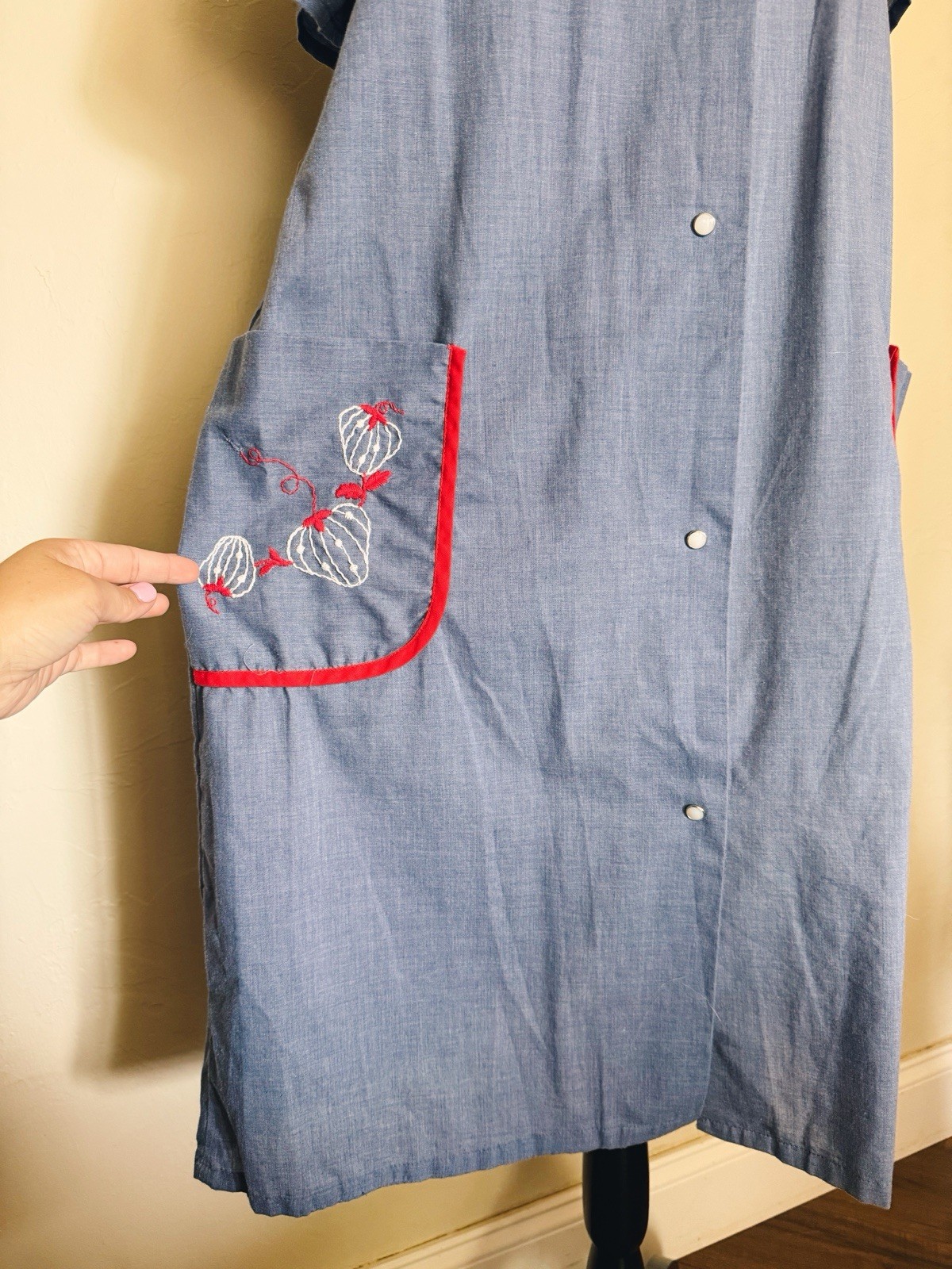 Vintage 1970s Plaza 9 Embroidered Strawberry Blue & Red Mumu Dress Size Medium