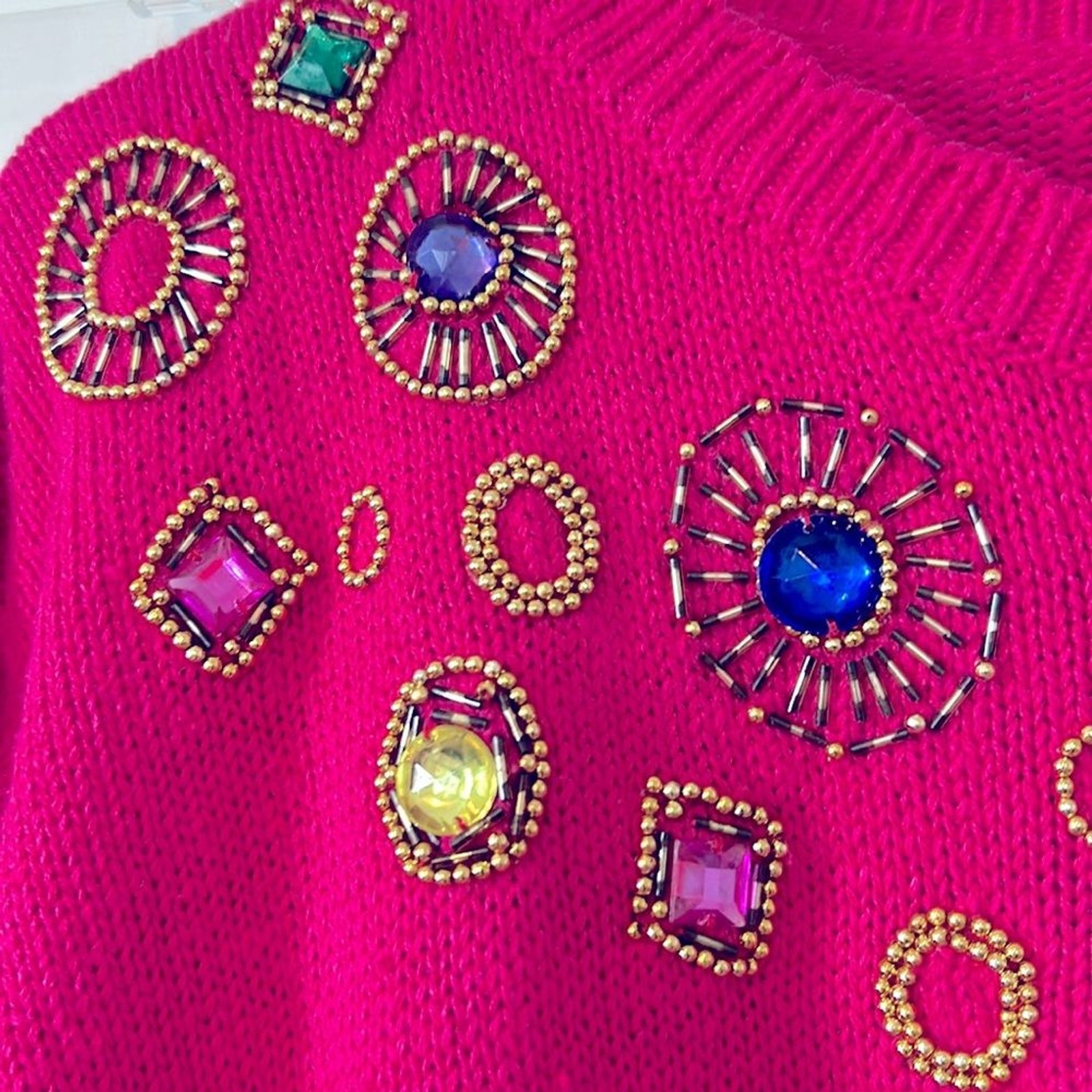 Vintage bright pink cotton/ramie sweater with beads and rhinestones – size L