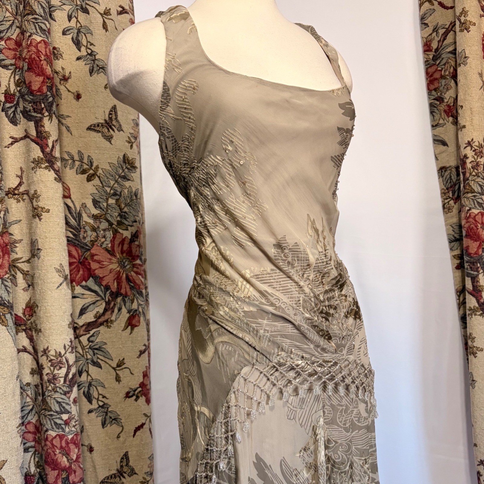 Alex Evenings Vintage Beige Floral Beaded gown with gorgeous fringe detailing