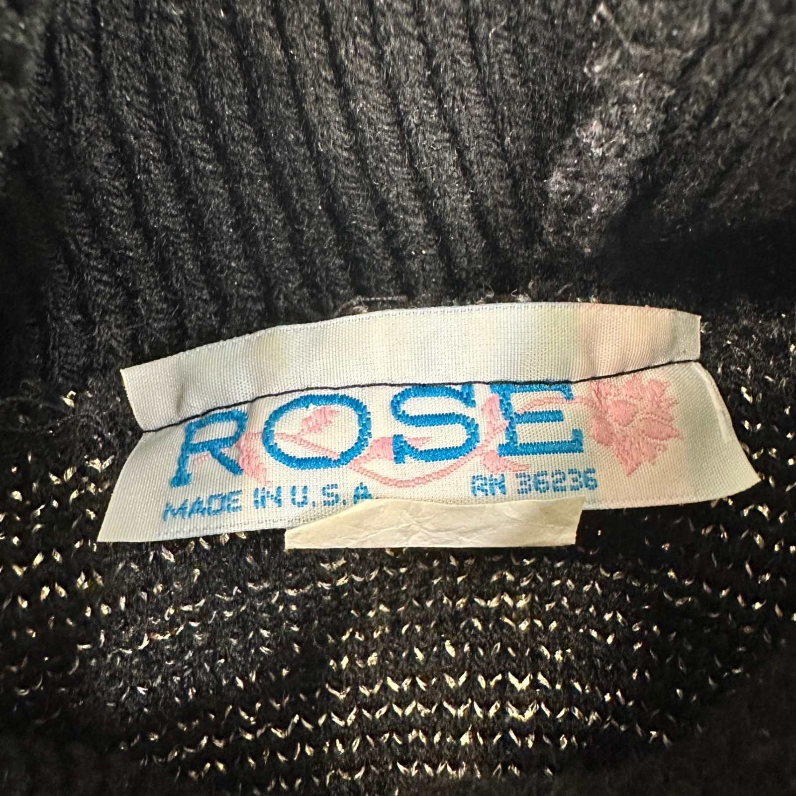 Rose Vintage Sweater Turtleneck Womens XL Black Gold Lurex Knit Intarsia USA 80s