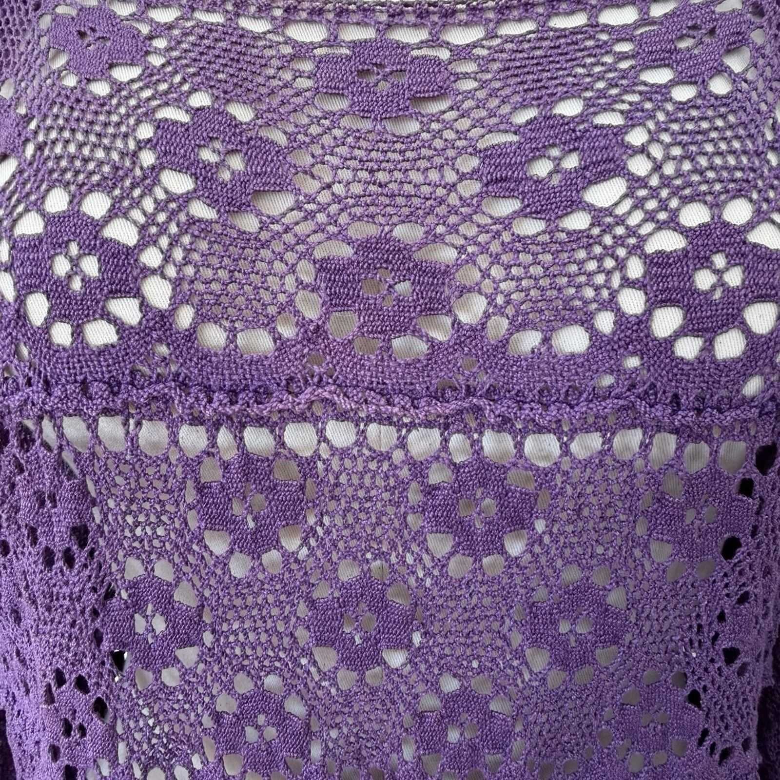 VTG 1960’s Cotton Crochet Maxi Dress, Grape Goddess, Bell Sleeves