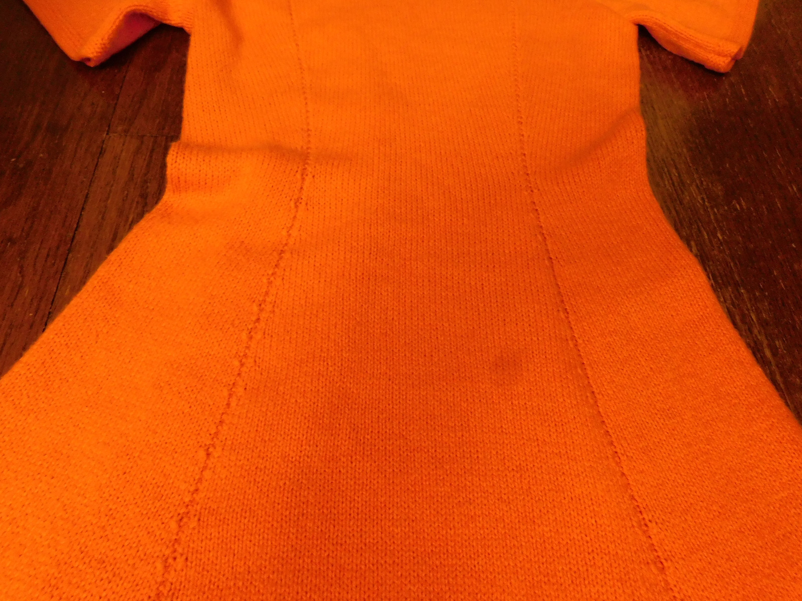 Vtg Hand Crocheted Knit Sweater Maxi Dress Orange Leaf pattern trim FAB Med OOAK