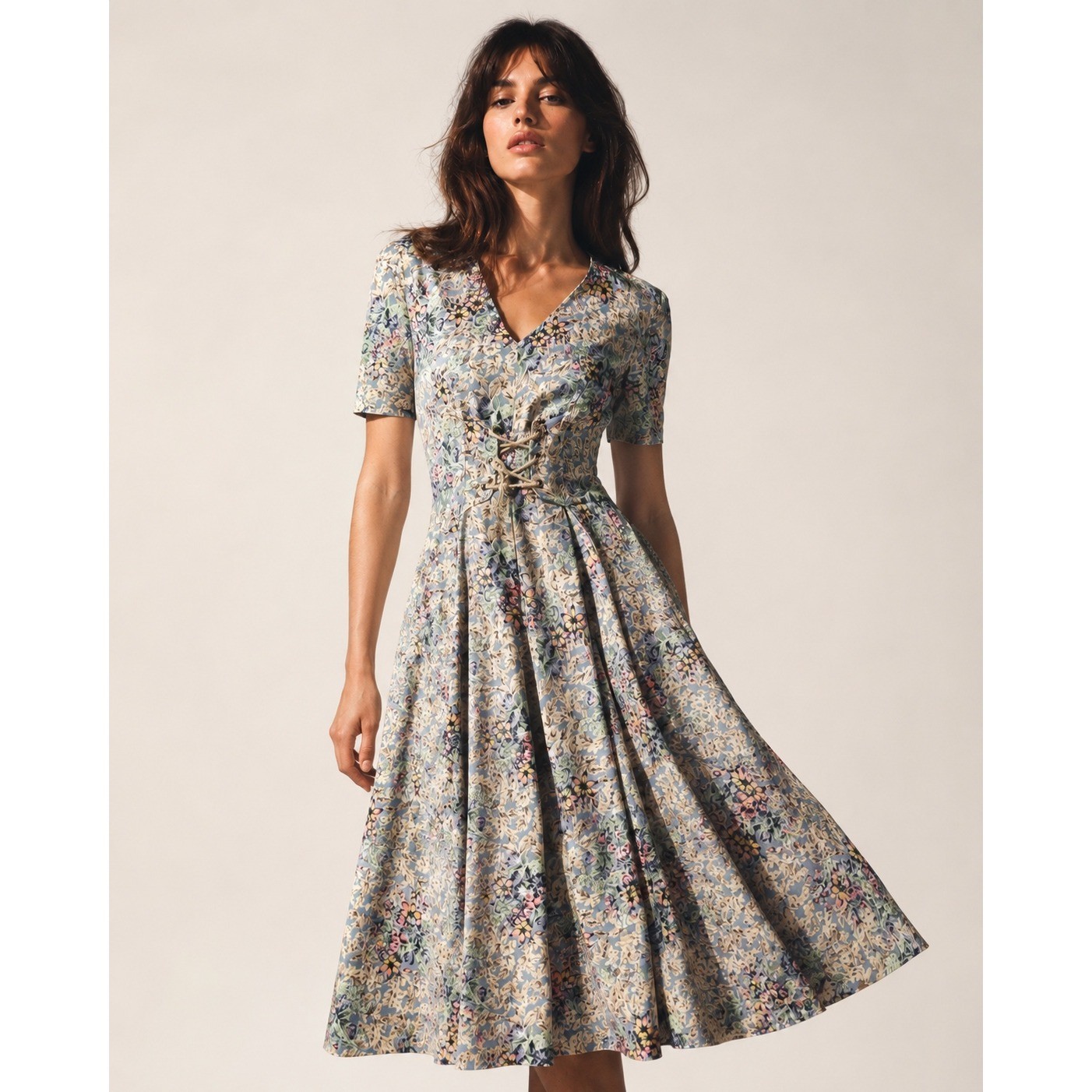 Starina Vintage 90s Floral Rayon Maxi Dress Blue Pink Lace Up Corset Waist Small