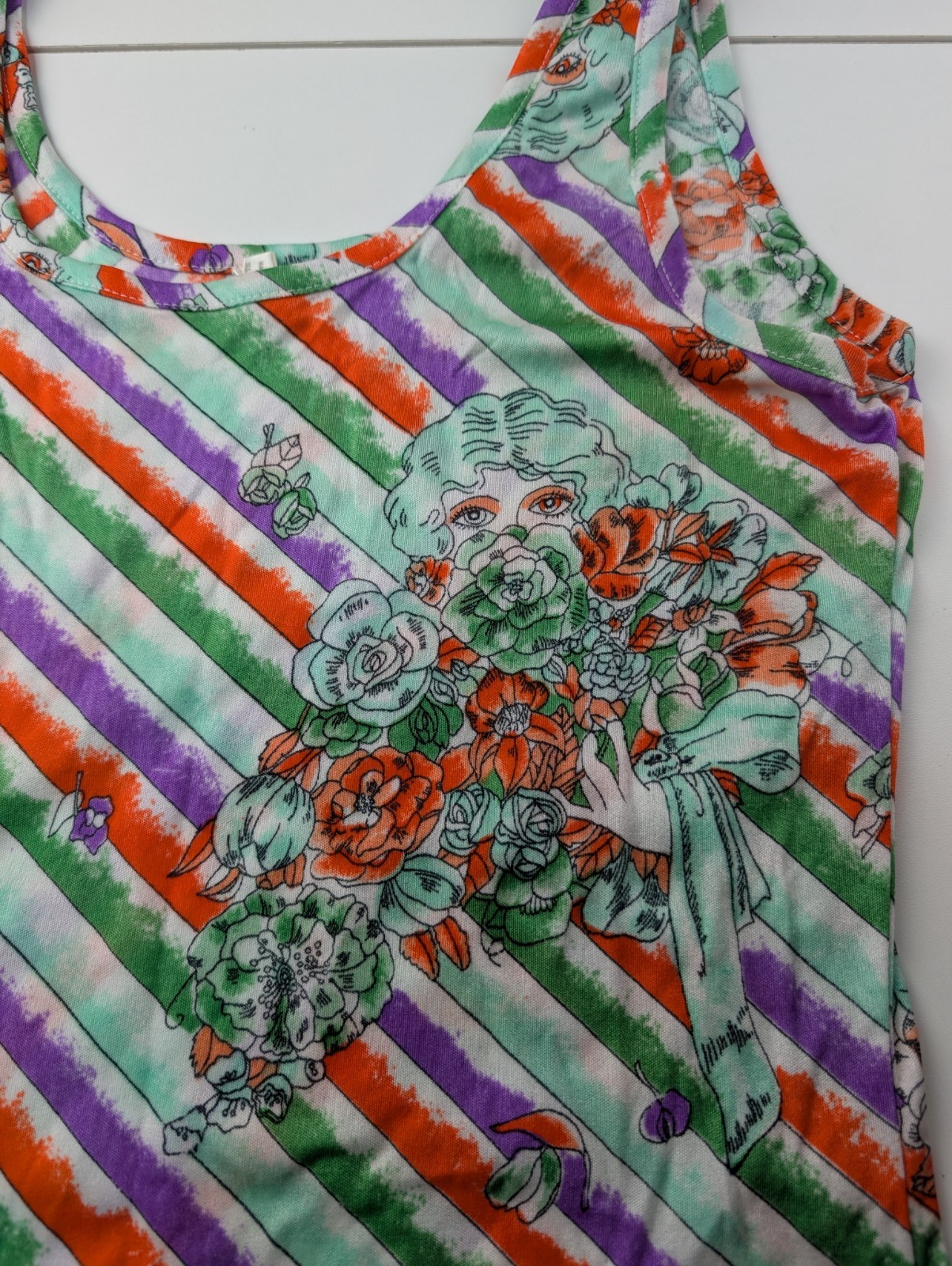 Vintage Debenhams Nylon Tank Top Psychedelic Floral Mod Striped Stretch S/M