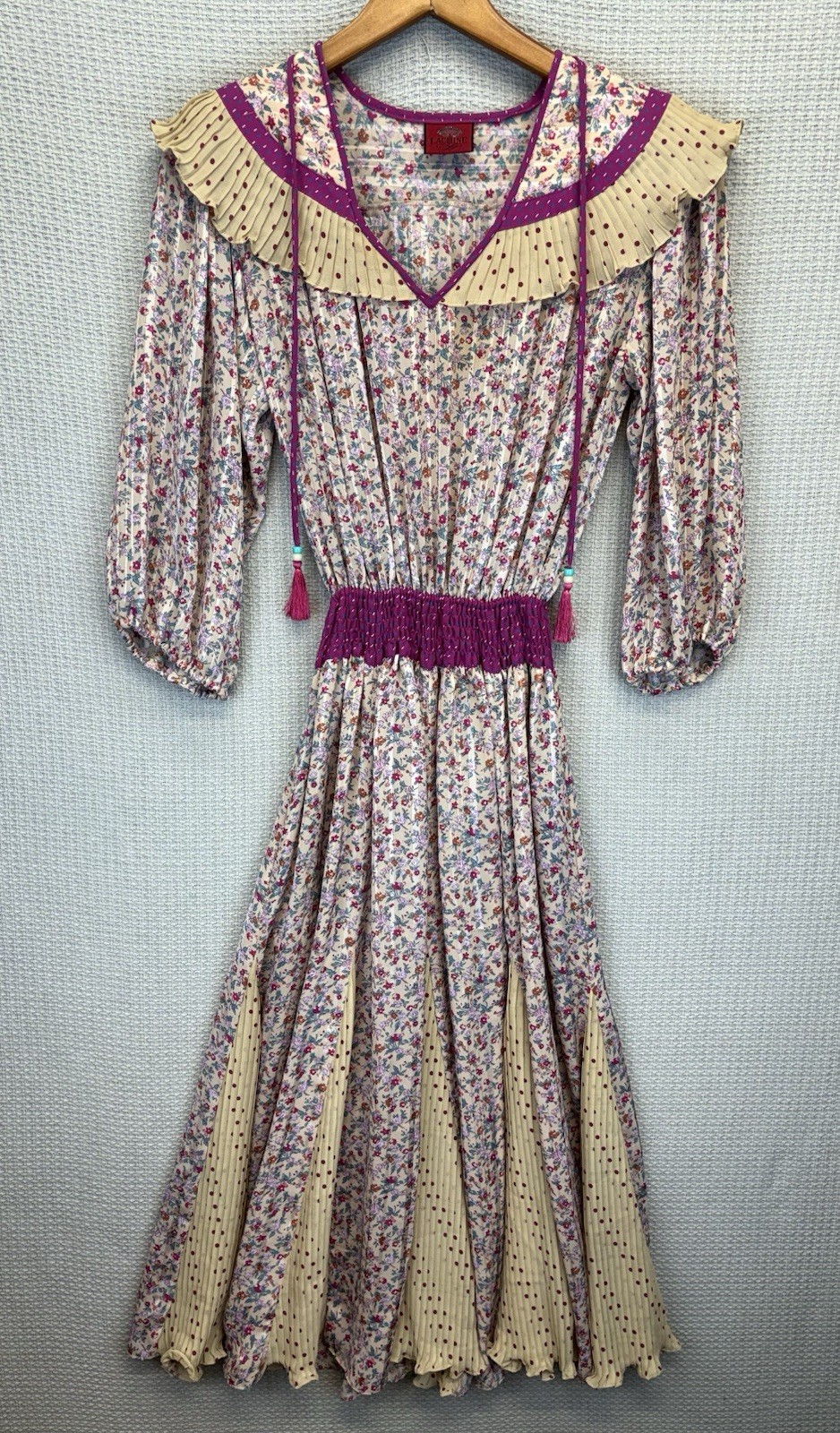 Vintage Lachine Boho Prairie Floral Midi Dress Small Pleated Ruffle Cottagecore