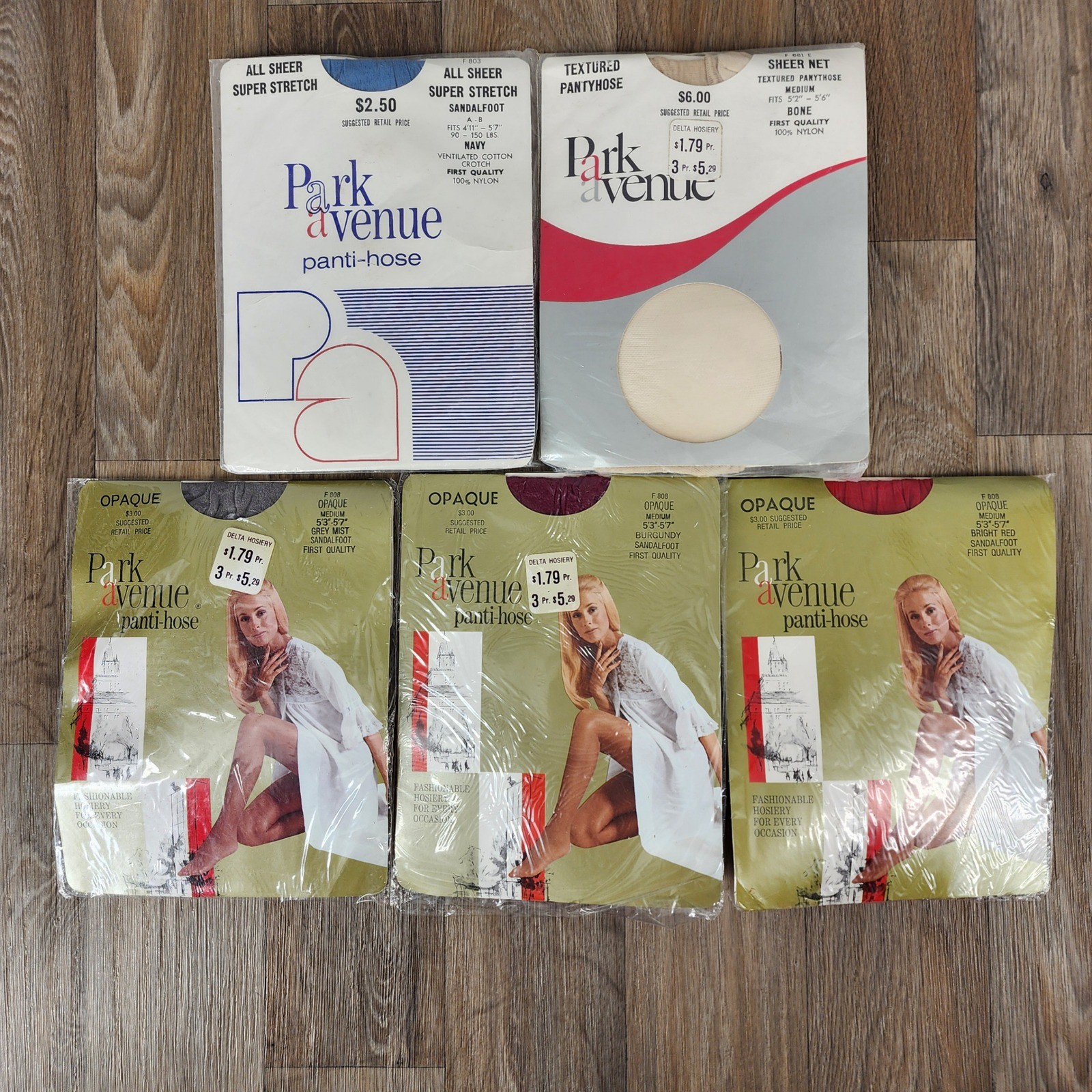 Vintage Park Avenue Pantyhose Lot 5 Prs Opaque Sheer Navy Red Grey Burgundy Bone
