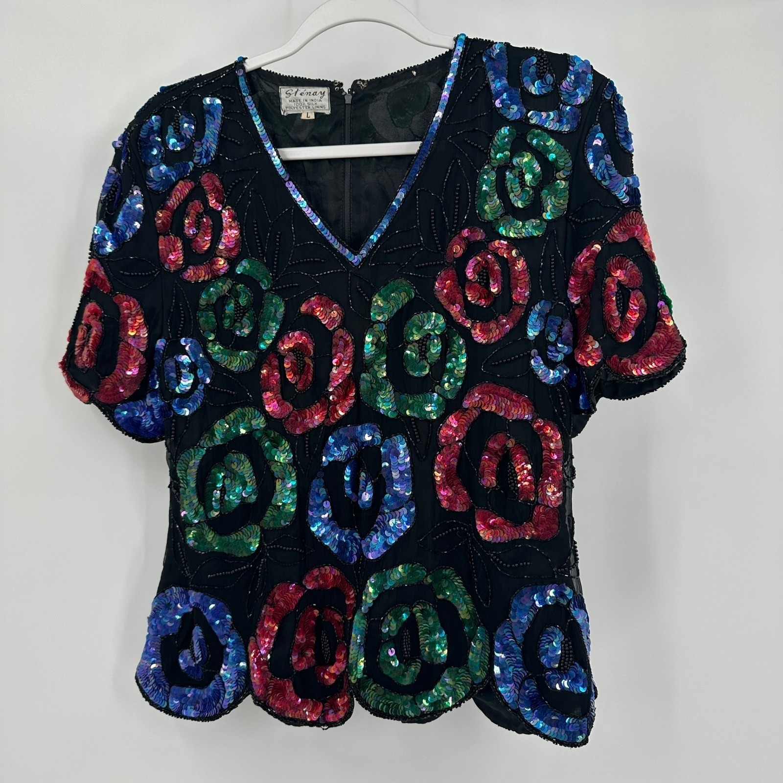 Stenay Women Art Deco Vintage Silk Beaded Sequin Floral Blouse Sz L Top Cocktail