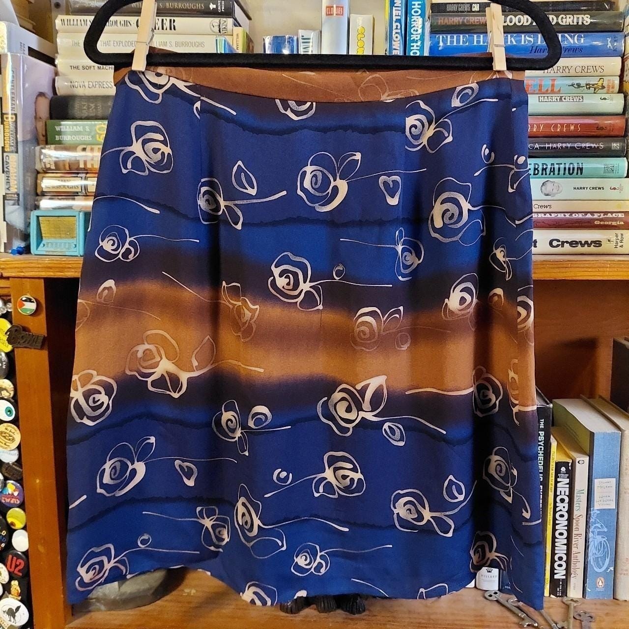 Vintage 100% silk brown and blue skirt with a rose and heart print.
