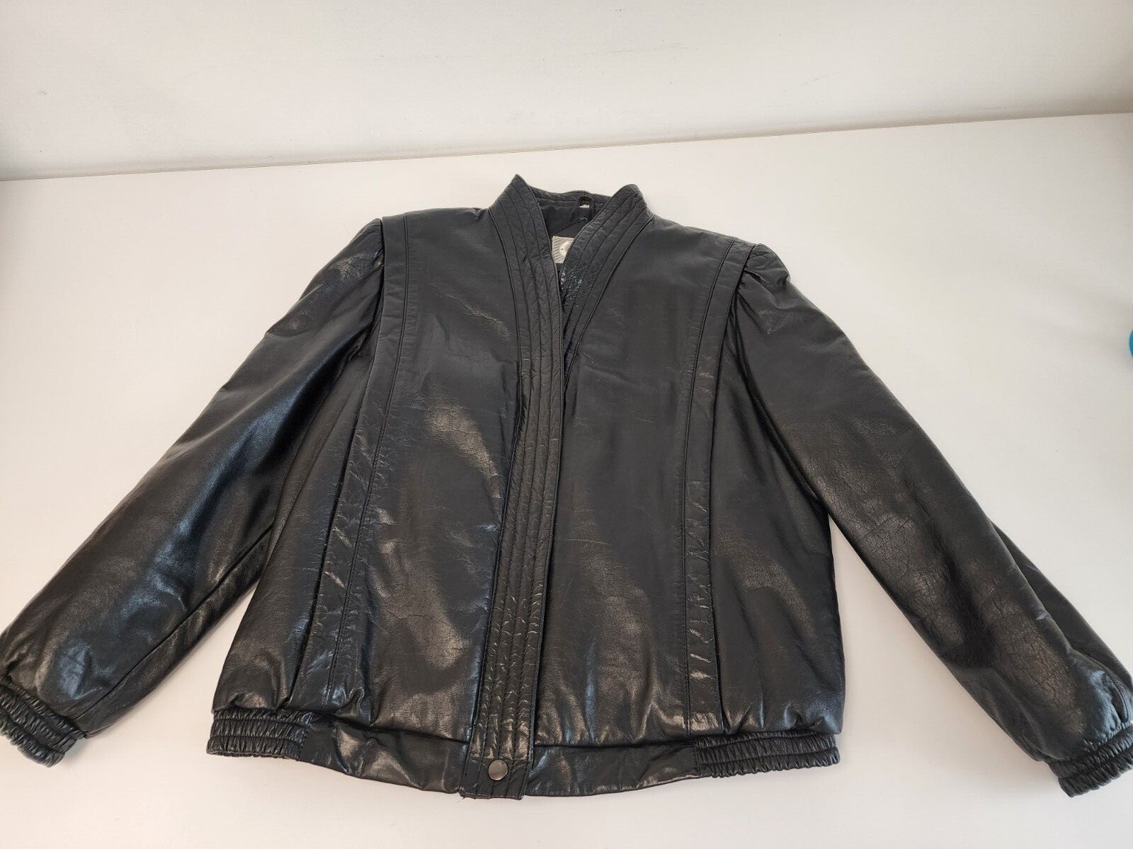 Vintage Womens Black Leather Jacket Bomber Full Zip Elastic Waist Size 13/14