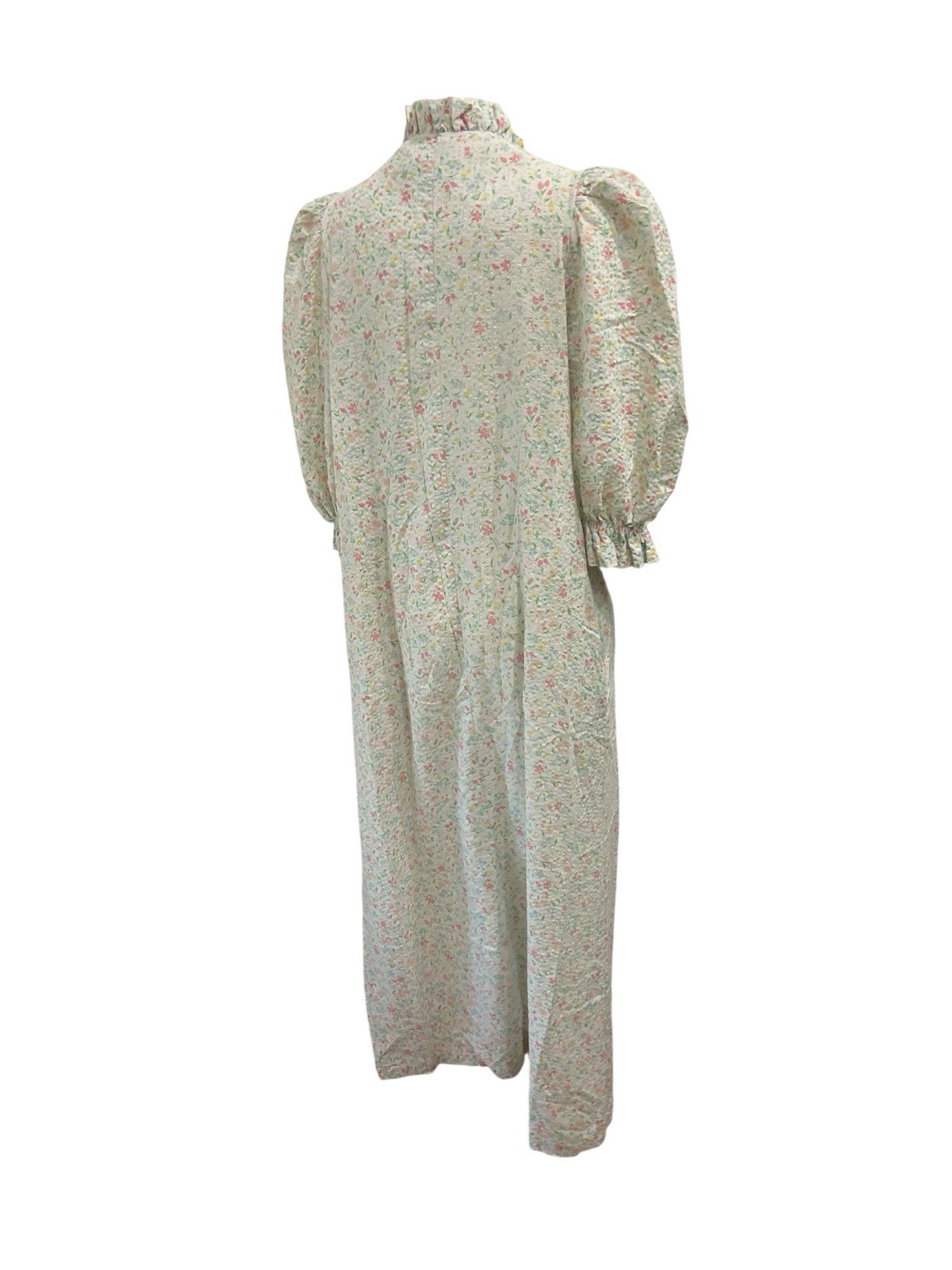 Vintage Cottagecore Floral Seersucker Housecoat Prairie Maxi Dress Ruffle M ^