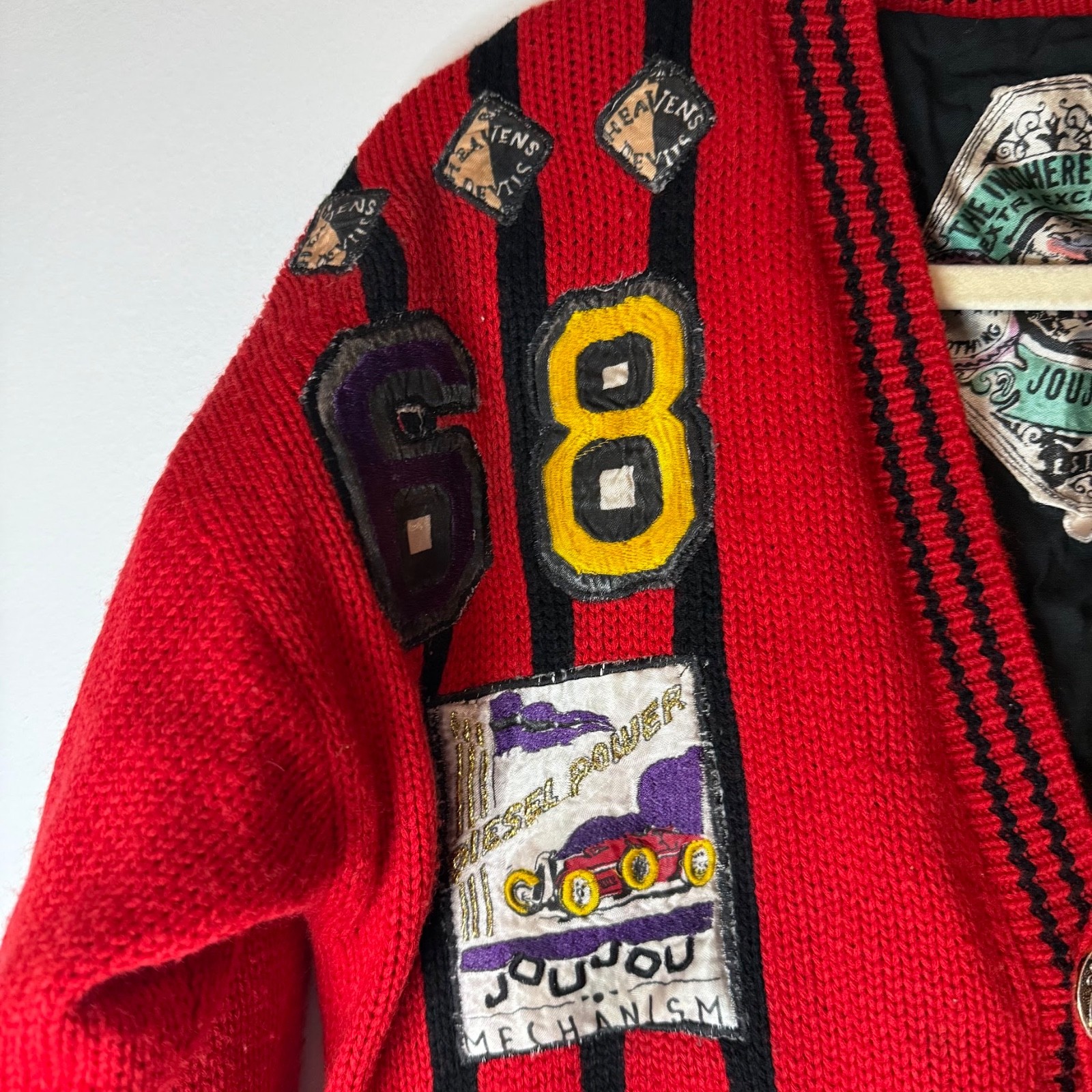 VTG JouJou 80s 90s Heavens Devils Moto Patches Cardigan Chunky Womens M
