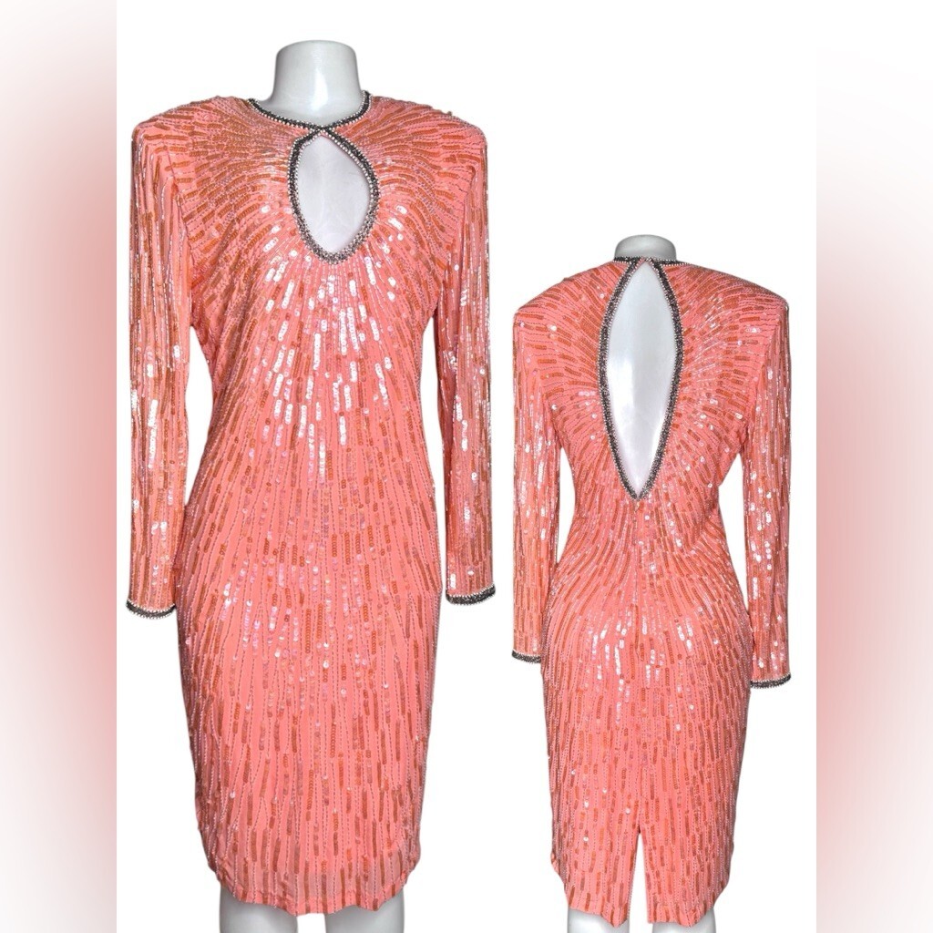 VTG Naeem Khan for Lillie Rubin Sequin Silk Cocktail Dress M – Beaded Keyhole