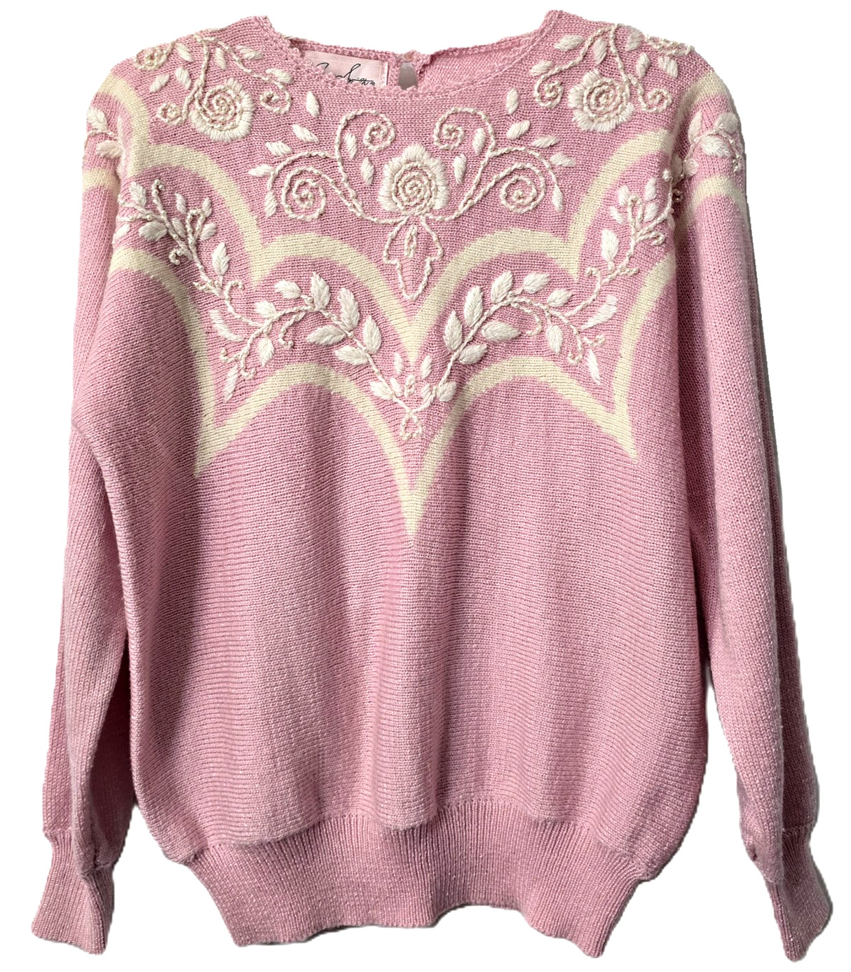 Vintage Embroidered Feminine Sweater Top M Beaded Girly Kawaii Pink Ivory 90s