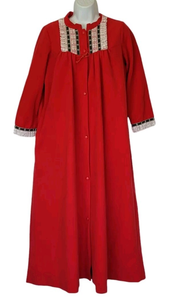 Lorraine Robe Womens S Red Vintage Flannel Maxi Lace Trim Full Button Pocket