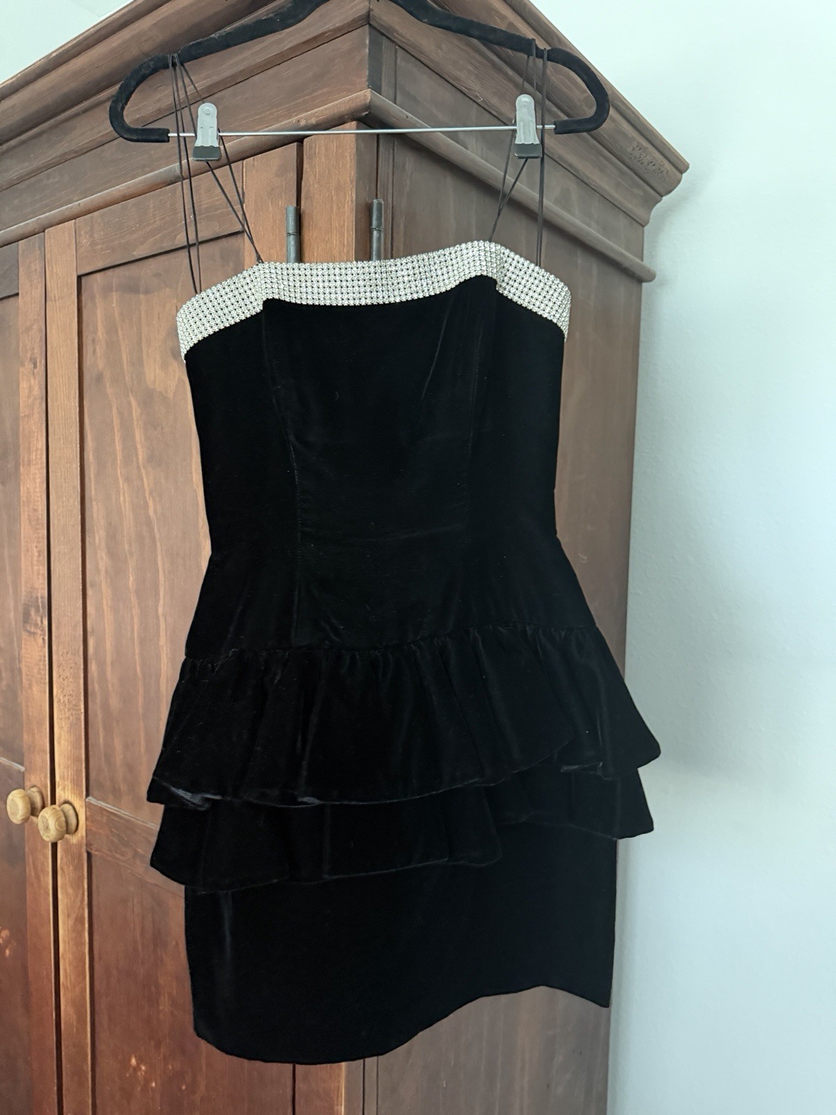 Women’s Vtg Strapless Black Velvet Dress Big Bow Rhinestones Size XS 80’s 90’s