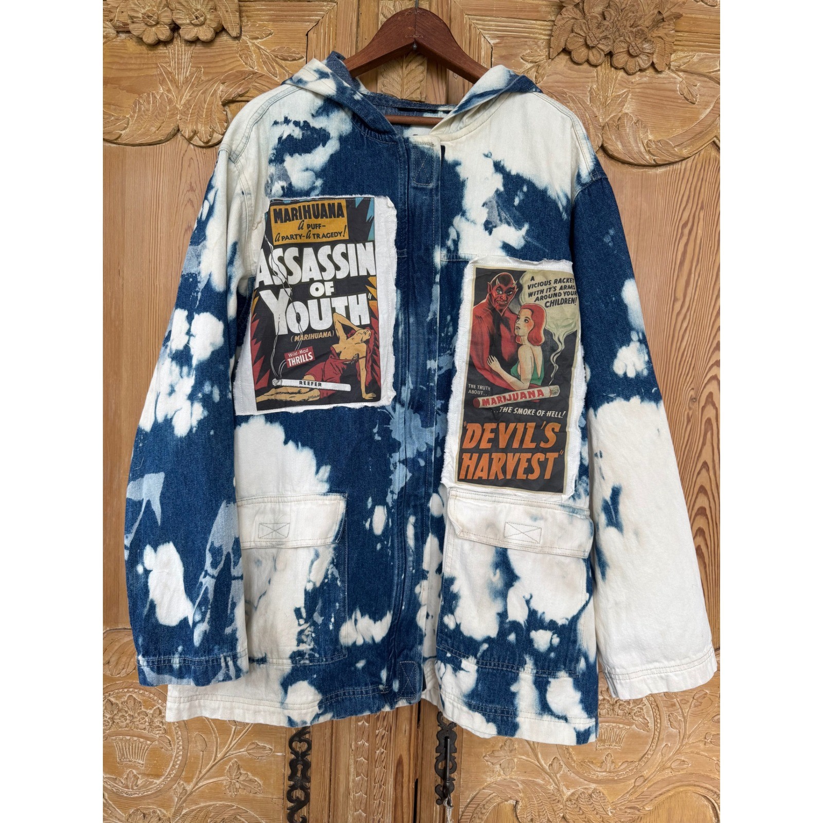 Vintage Marijuana Propaganda Hooded Denim Utility Coat XL XXL Oversized