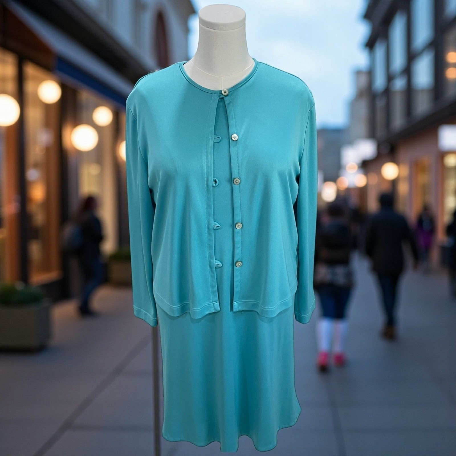 Joan Walters Aqua Blue Two Piece Dress Jacket Set Size 10 Vintage Minimalist