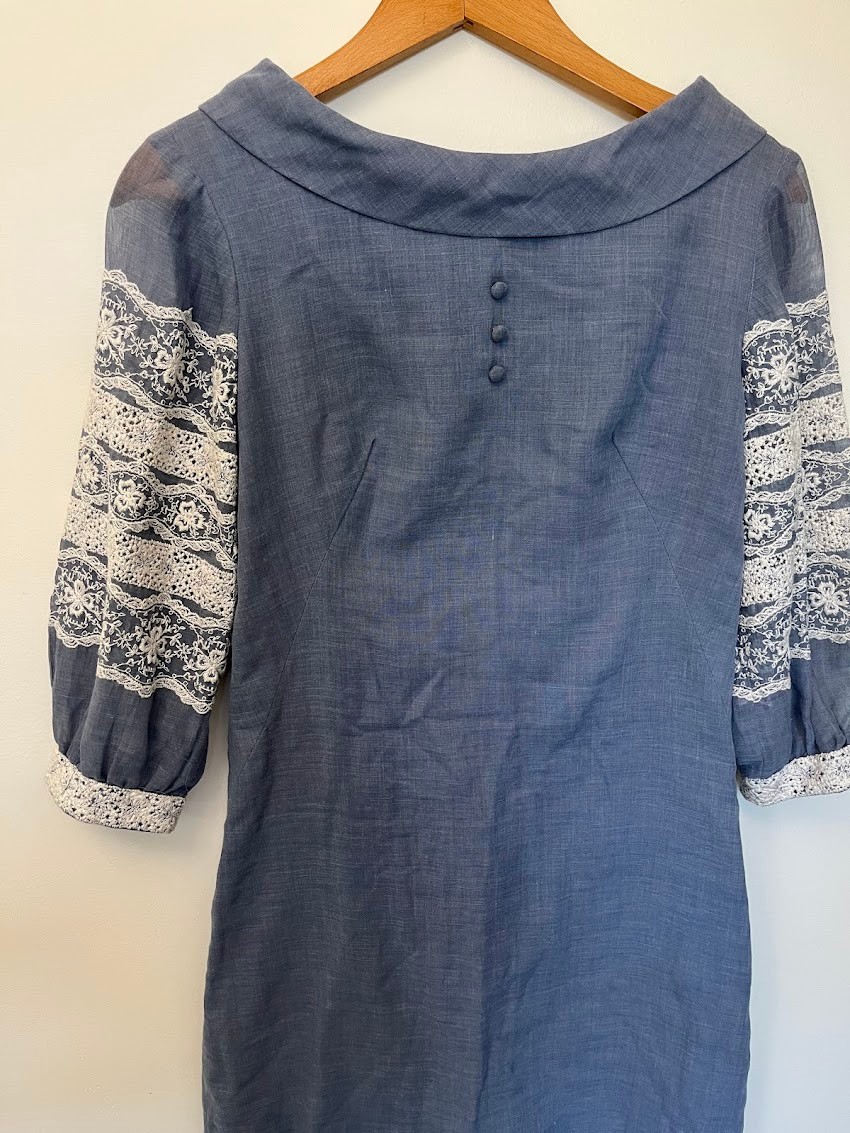 Vintage Jonathan Logan Blue Prairie Mini Dress Lace Boho Cottagecore XS/S