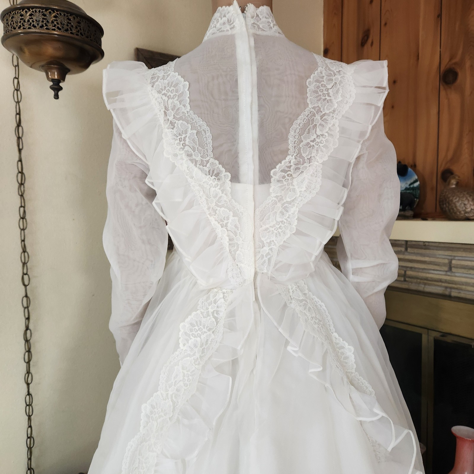 Vintage 70s Victorian Prairie Lace Wedding Gown & Veil Set