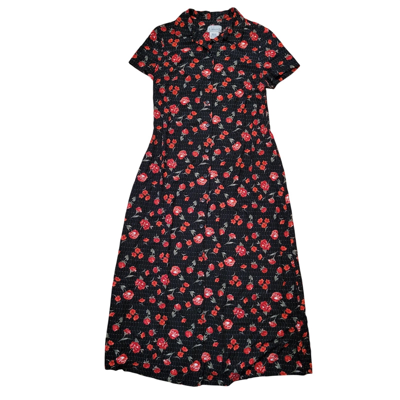 Basic Editions M Midi Dress Black Red Floral Button Front 90s Vintage Cottage
