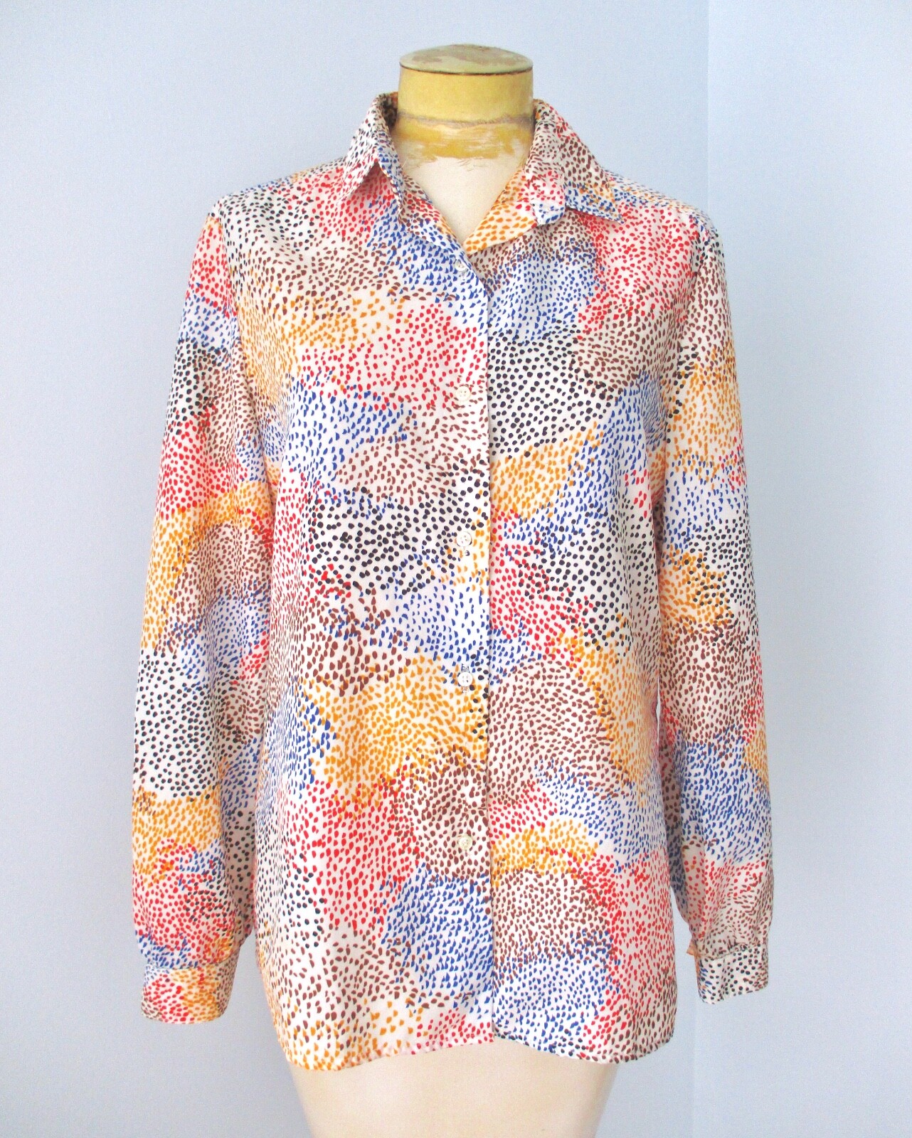 Vtg 70s Mod Colorful Spotted Op Art Silky Poly Button Blouse Secretary Top 16