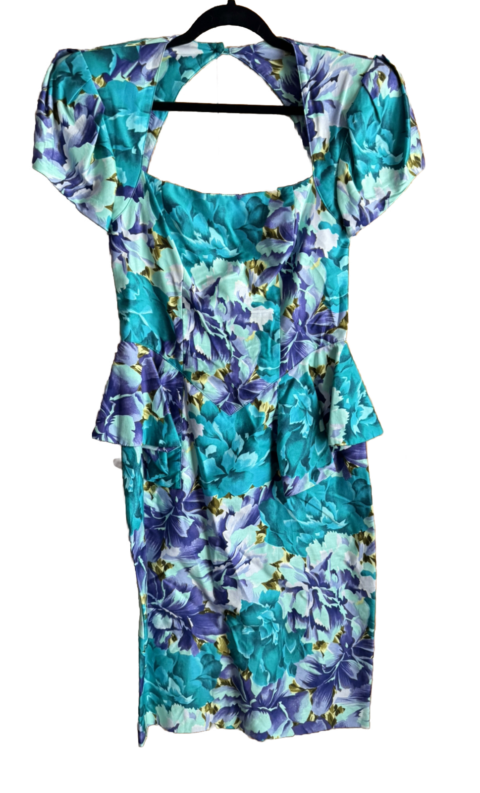 VTG 80s Barbara Barbara Floral Fitted Cotton Dress Bright Teal Bust 30 Waist 28
