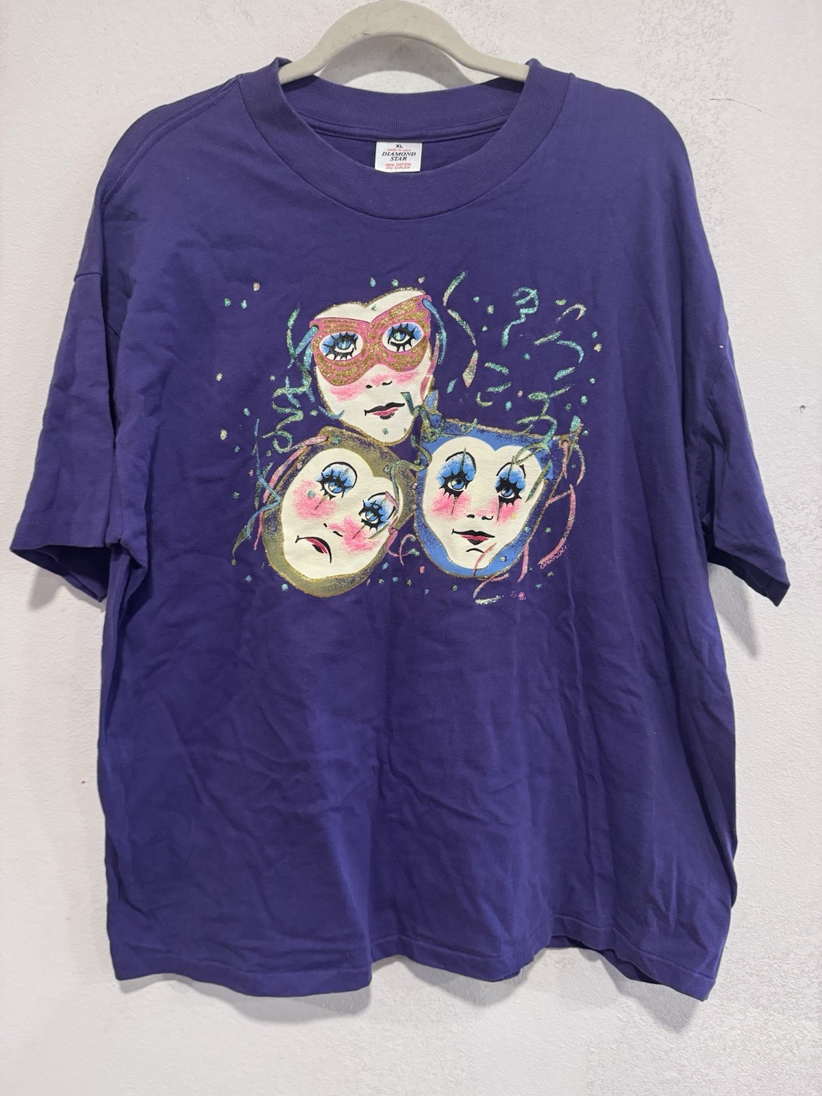 Vntg Diamond Star Art Purple Metallic Glitter Graphic Shirt Mardi Gras Masks XL