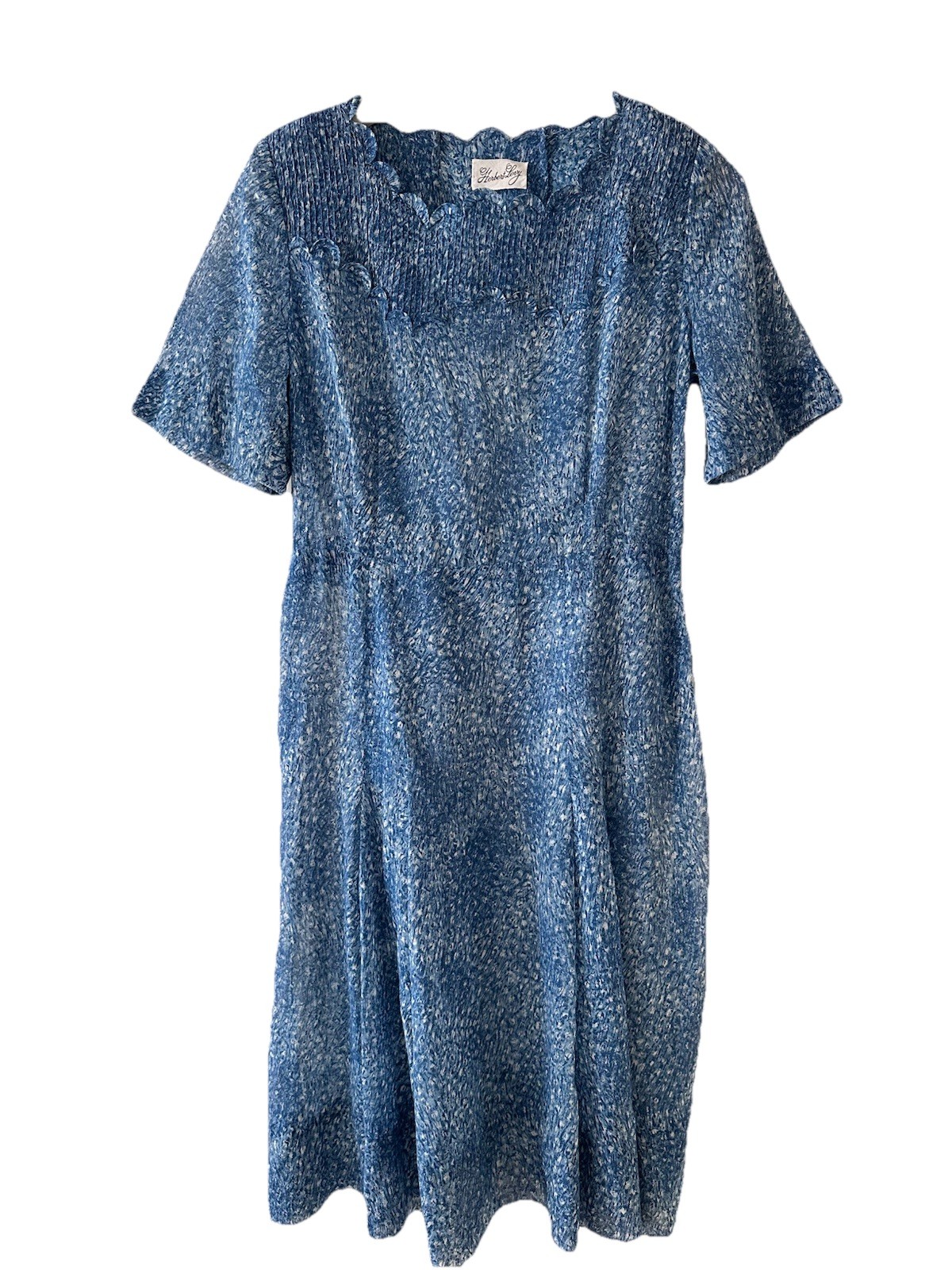 Vintage Herbert Levy Blue Crepe Party Dress Scalloped Neck Pintuck Union Size M*