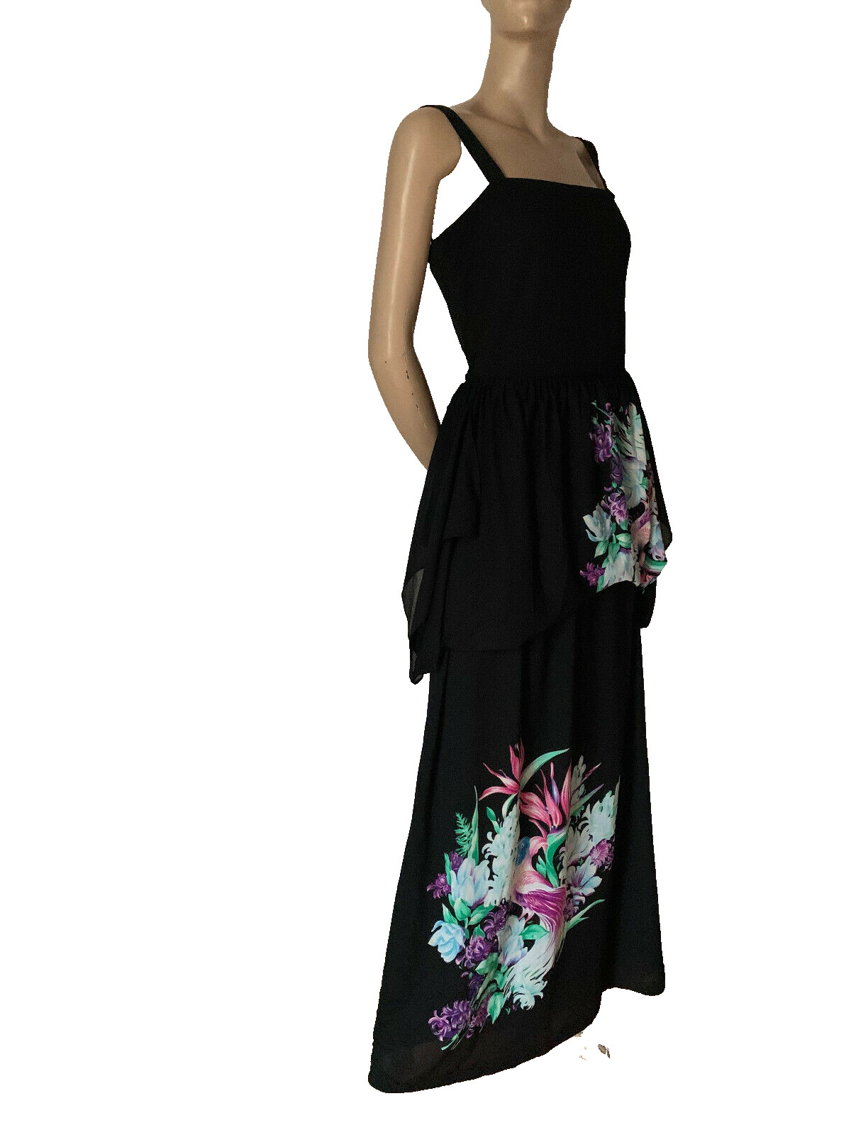 70s Vintage Black Maxi Dress Floral Bird Print Layered Jersey Boho 36 38