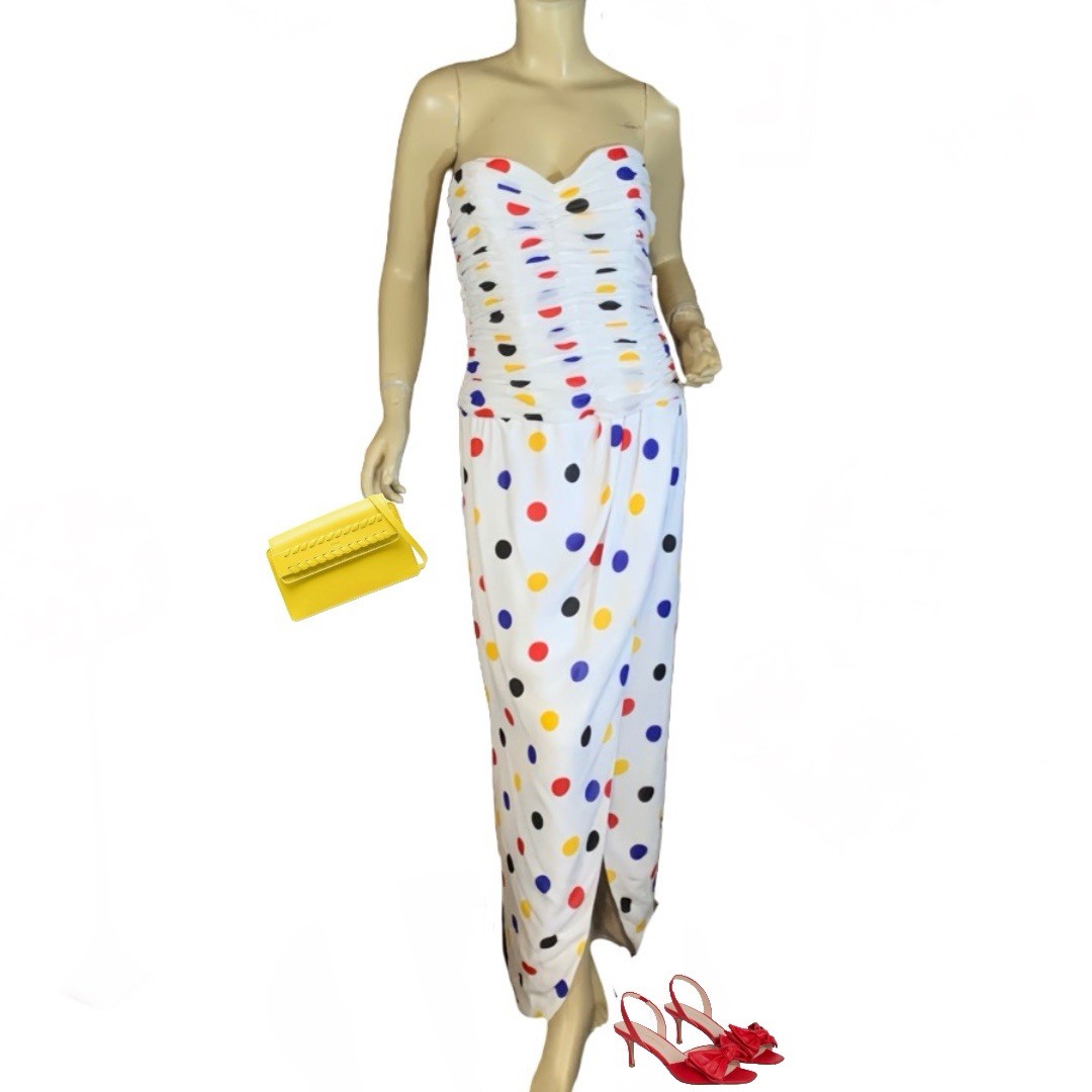 WOMEN’S VINTAGE 1980’S VICTOR COSTA POLKA DOT MULTI COLOR STRAPLESS DRESS SZ 10