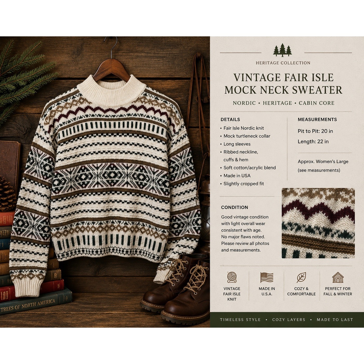 In Charge Vintage Fair Isle Mock Neck Sweater Womens Large Nordic Knit USA Made