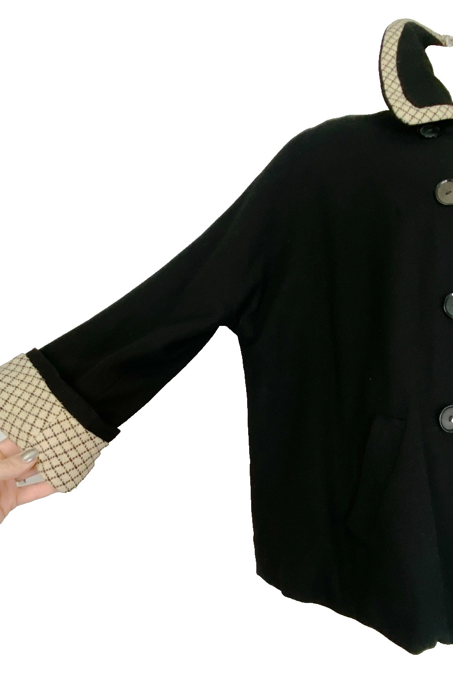 Vintage 1950s black wool oversized jacket ivory white reversible pea coat