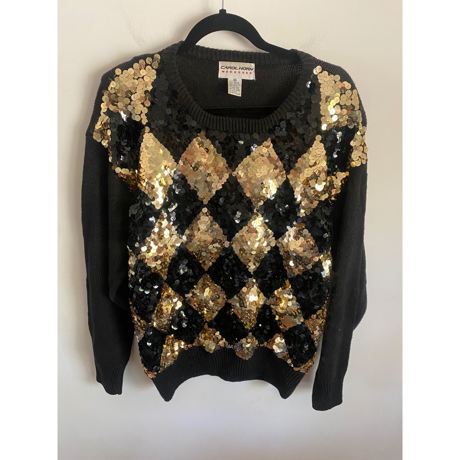 Carol Horn Workshop Vintage Black Gold Sequin Argyle Sweater Womens Medium Ramie