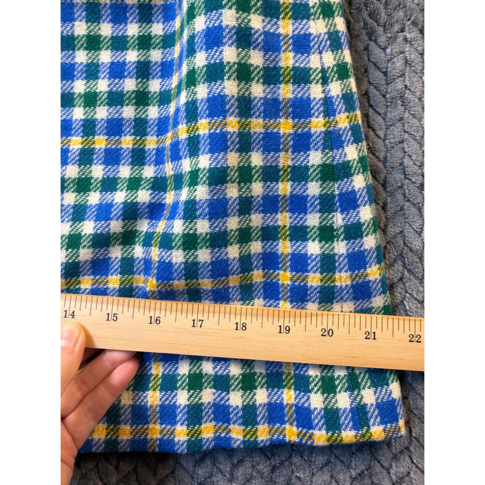 Vintage Plaid A-Line Skirt Blue Green Yellow Wool Check Mod Schoolgirl Preppy