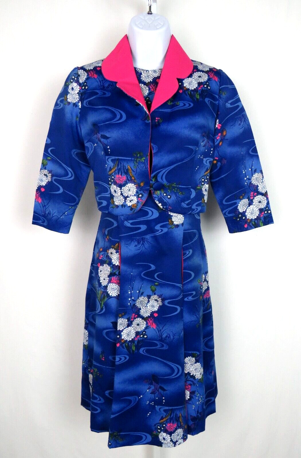 VTG 1950s 60s WALTAH CLARKE’S OF HONOLULU DRESS & CROP JACKET FLORAL POLY SILK?