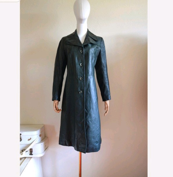 Vintage 1970s forest green Leather Trench Coat dark green 70s boho long retro S