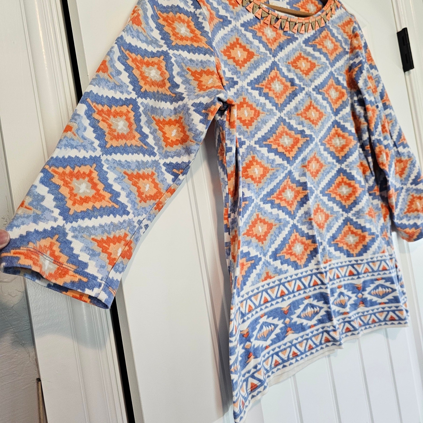 Vintage Ruby Rd. Blouse Womens Medium Blue Orange Geometric Beaded Stretch Y2K
