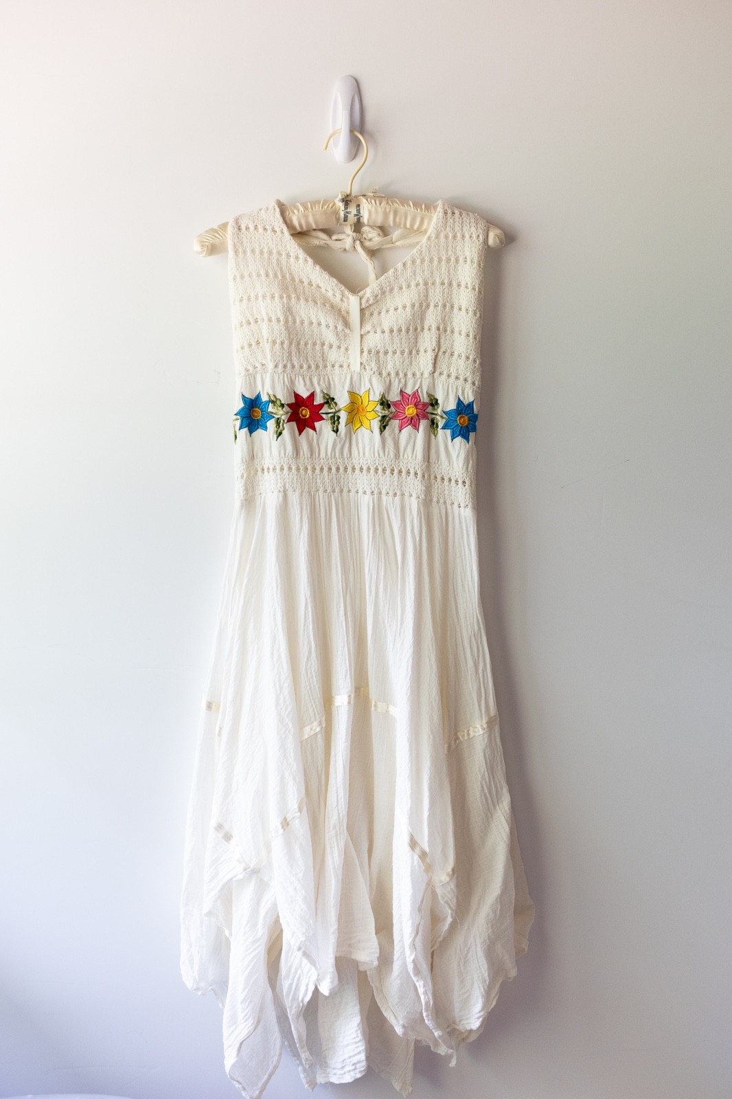 Vintage Mexican Crochet Scarf Dress: Embroidered Floral Cotton Boho Hippie Sz L