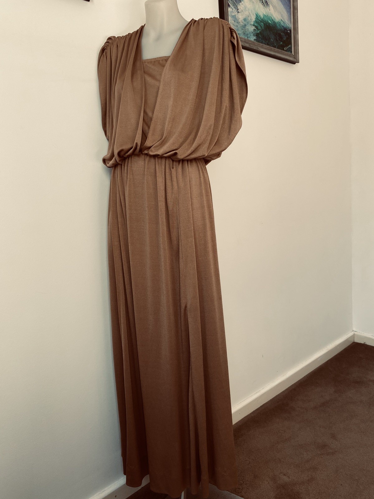 Joy Steven’s Calif 60,s Coffee Knit Swathed Gown.Elastic. B34”W28”