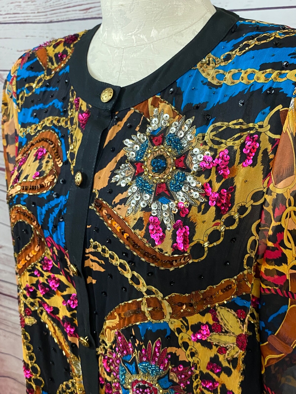 Vintage Diane Freis Women Blouse M/L Silk Bead Sequin Retro Chic Glam Festive