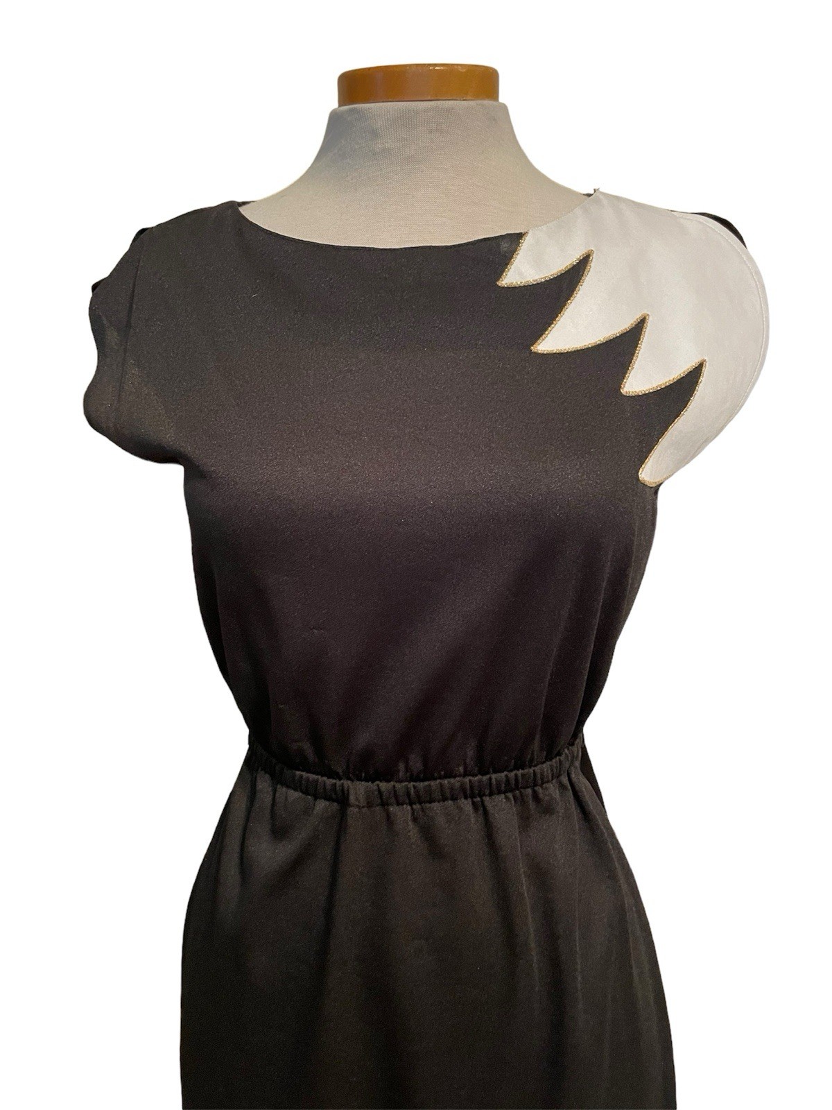 Vintage 1990’s 1980’s Black & White Geometric Color Block Mini Dress Gold Trim
