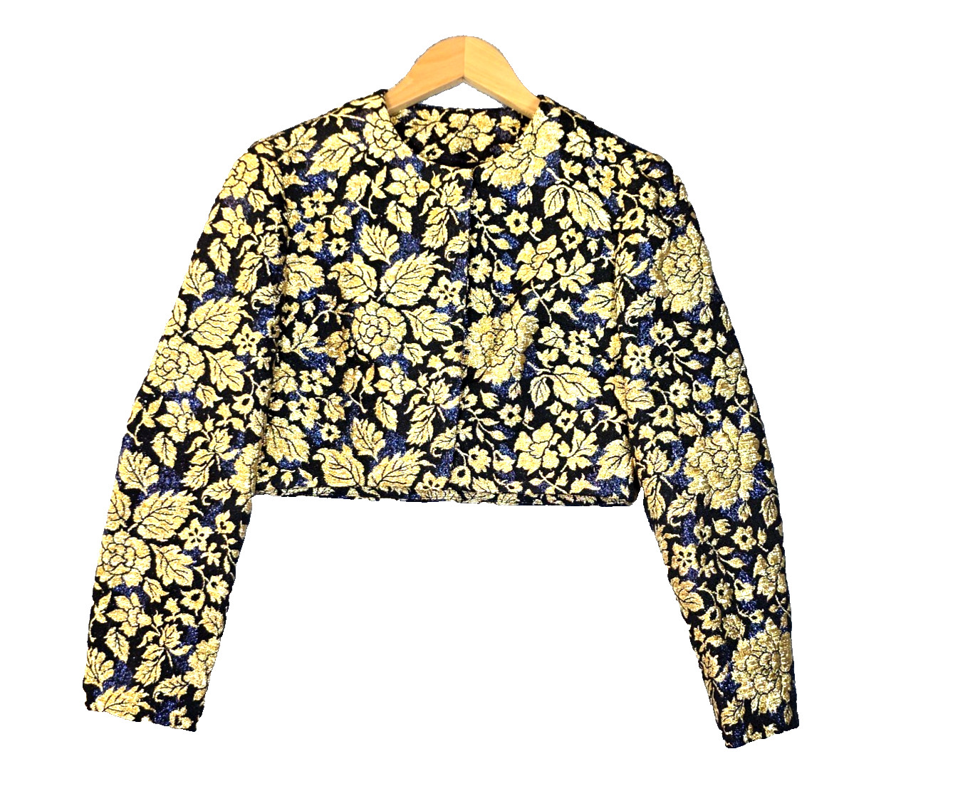 Vtg Gold Blue Metallic Brocade Bolero Jacket Cropped Snap Front Floral Baroque S