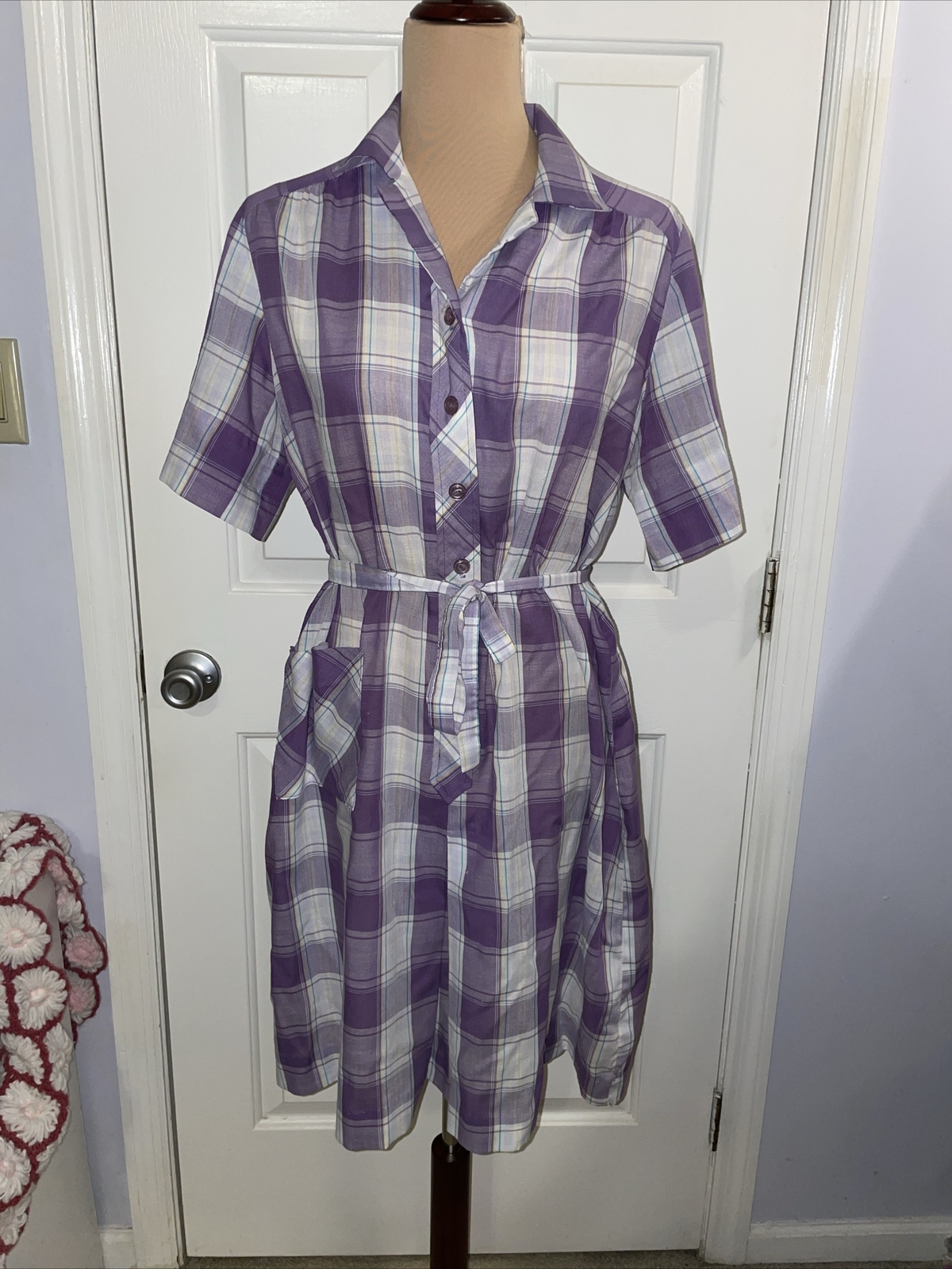 1960s Purple Plaid Shirt Dress A Nancy Frock Size 18 1/2