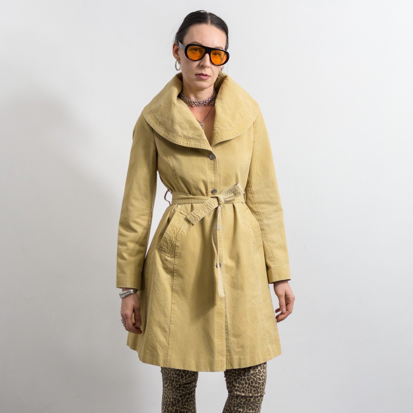 Vintage Denim Trench Coat Sand Wash Belted Tailored Fit L