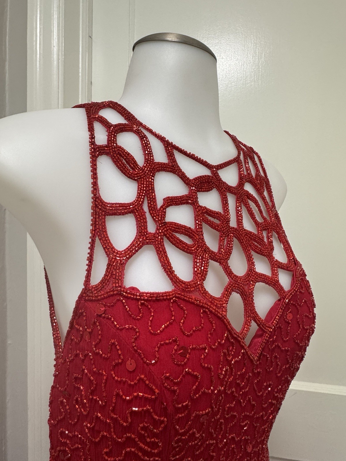 Sean Collection Vintage 90s Red Sequin Silk Gown Beaded Cage Back Formal L
