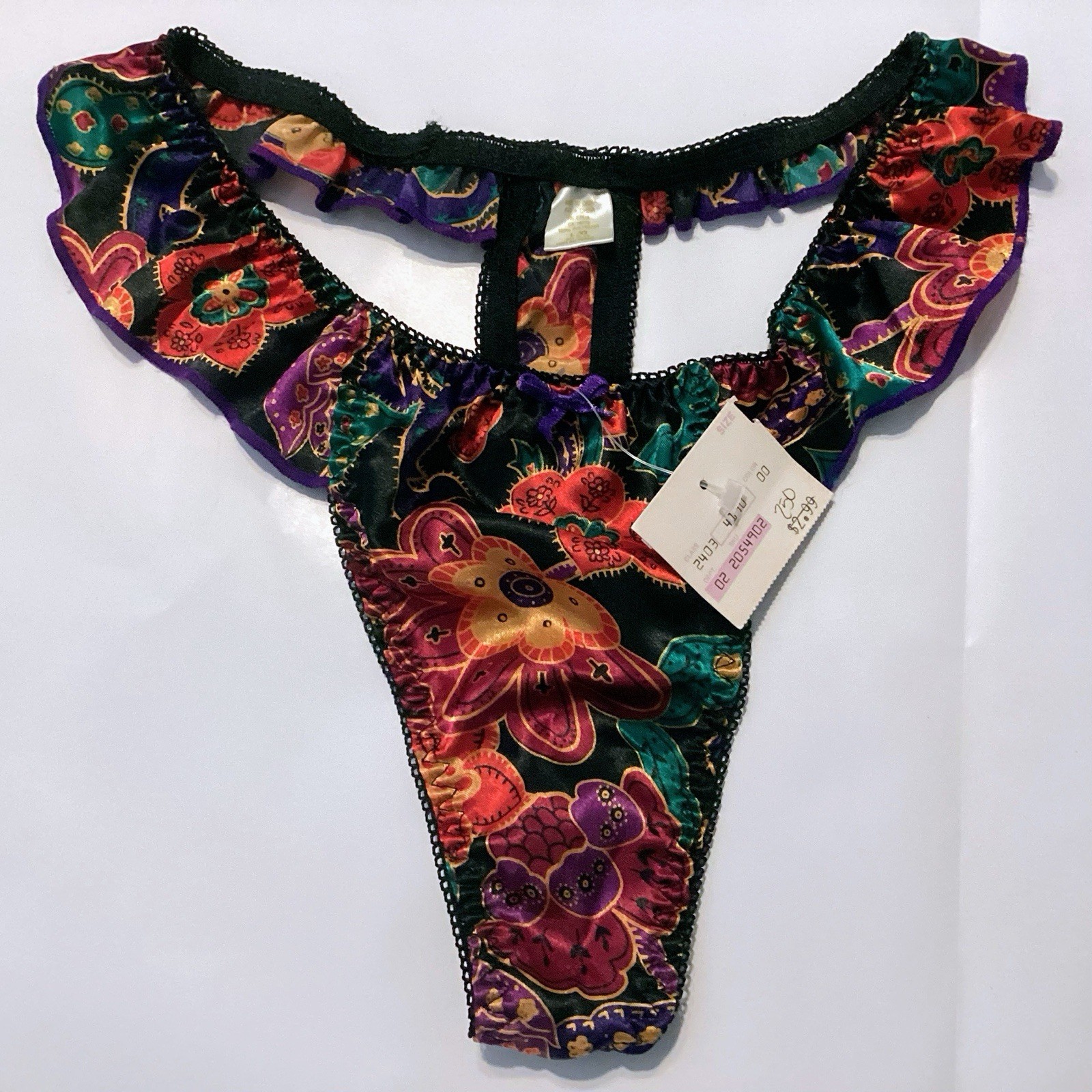 Vintage Satin Thong String Panties Floral Size Large NWT