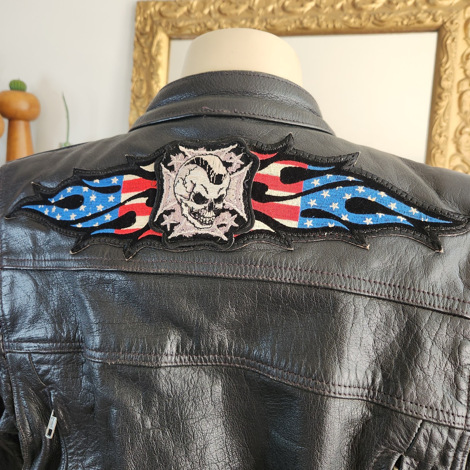 Vintage 80s Black Leather Moto Jacket Racing Biker Skull Size Medium Rocker