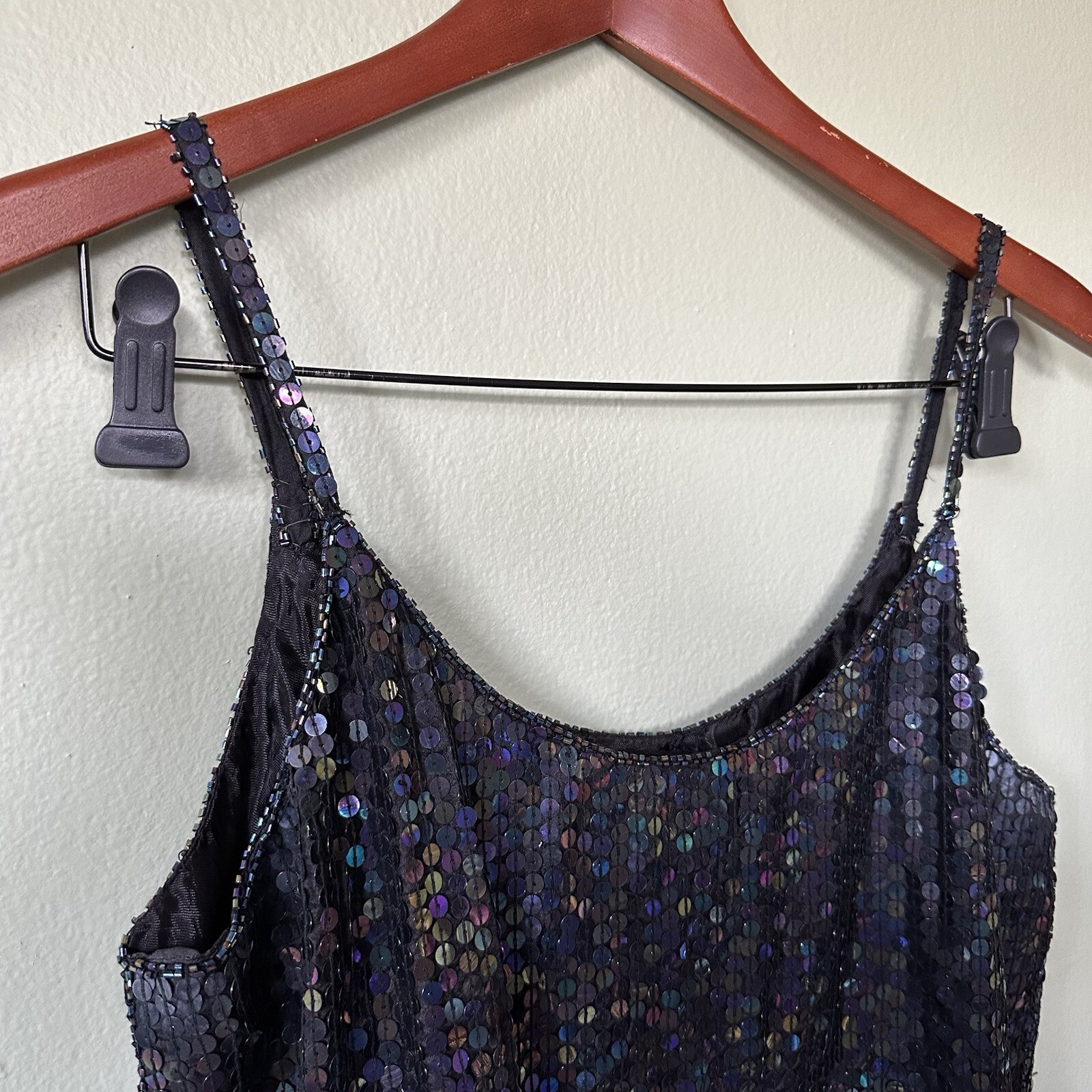 VTG 100% Silk Sequins Beaded Spaghetti Black Strap Top Spell Bound Size Medium