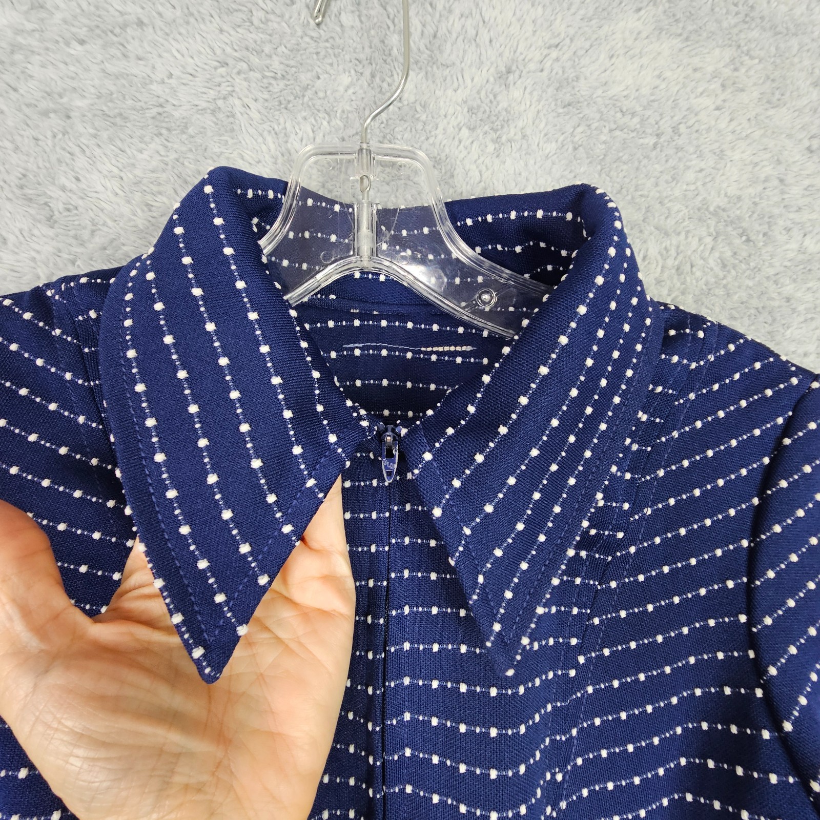 VTG 70s Womens Swing Dress S Blue Collared Zip Up Short Sleeve Inverted Pleats